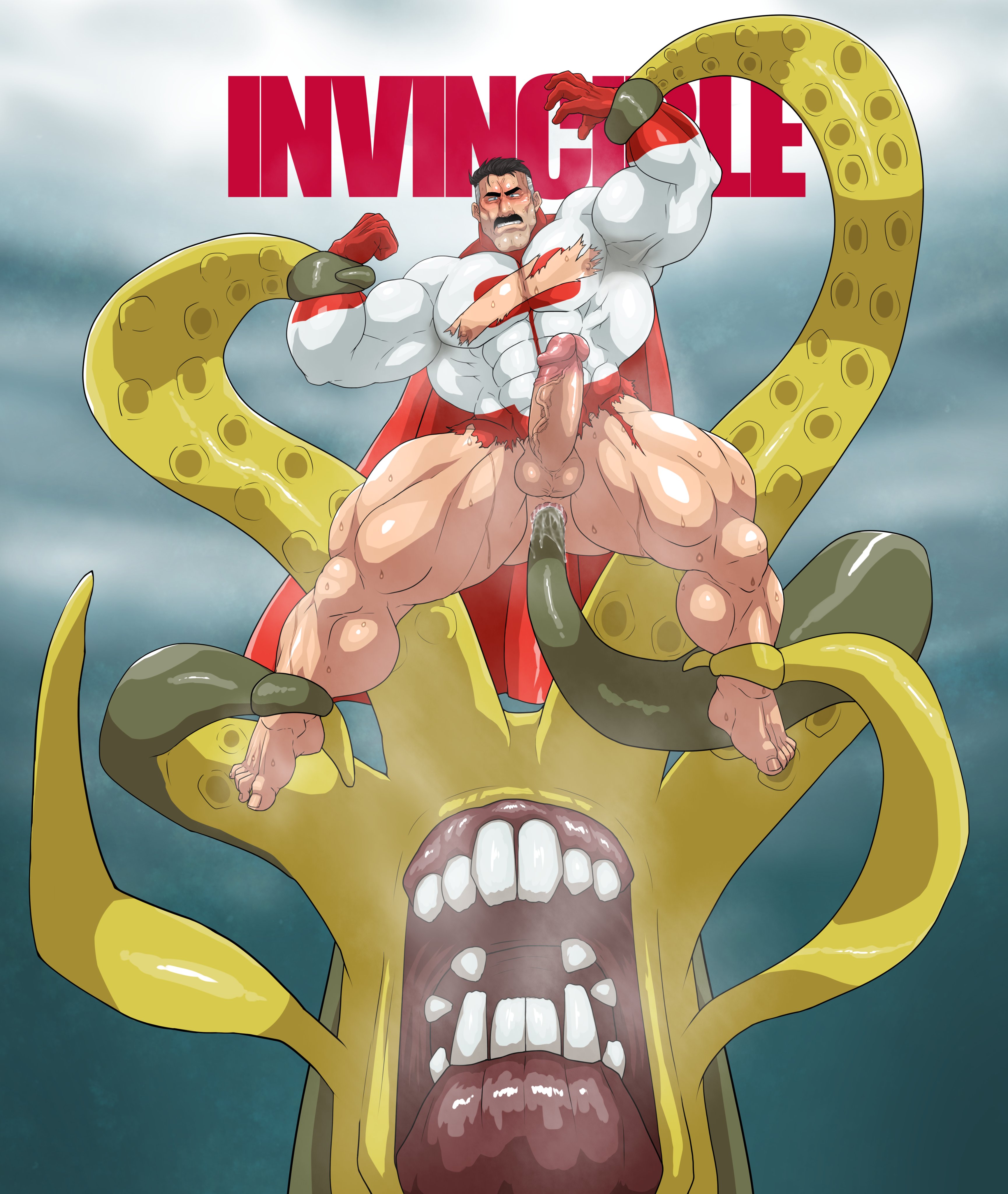 1boy, 1monster, anal, anal insertion, anal penetration, anal sex, anus, balls, bara, boner, bound, defeated, defeated hero, erection, feet, hitenmaru, huge pecs, human, immobile, immobilization, immobilized, invincible, invincible (comics), kaiju, male, male only, monster, moustache, muscles, muscular, muscular arms, muscular male, muscular thighs, musk, nolan grayson, older male, omni-man, pecs, penis, rape, restrained, ripped clothes, ripped clothing, superhero, sweat, sweating, tentacle, tentacle monster, tentacle on male, tentacle rape, yaoi