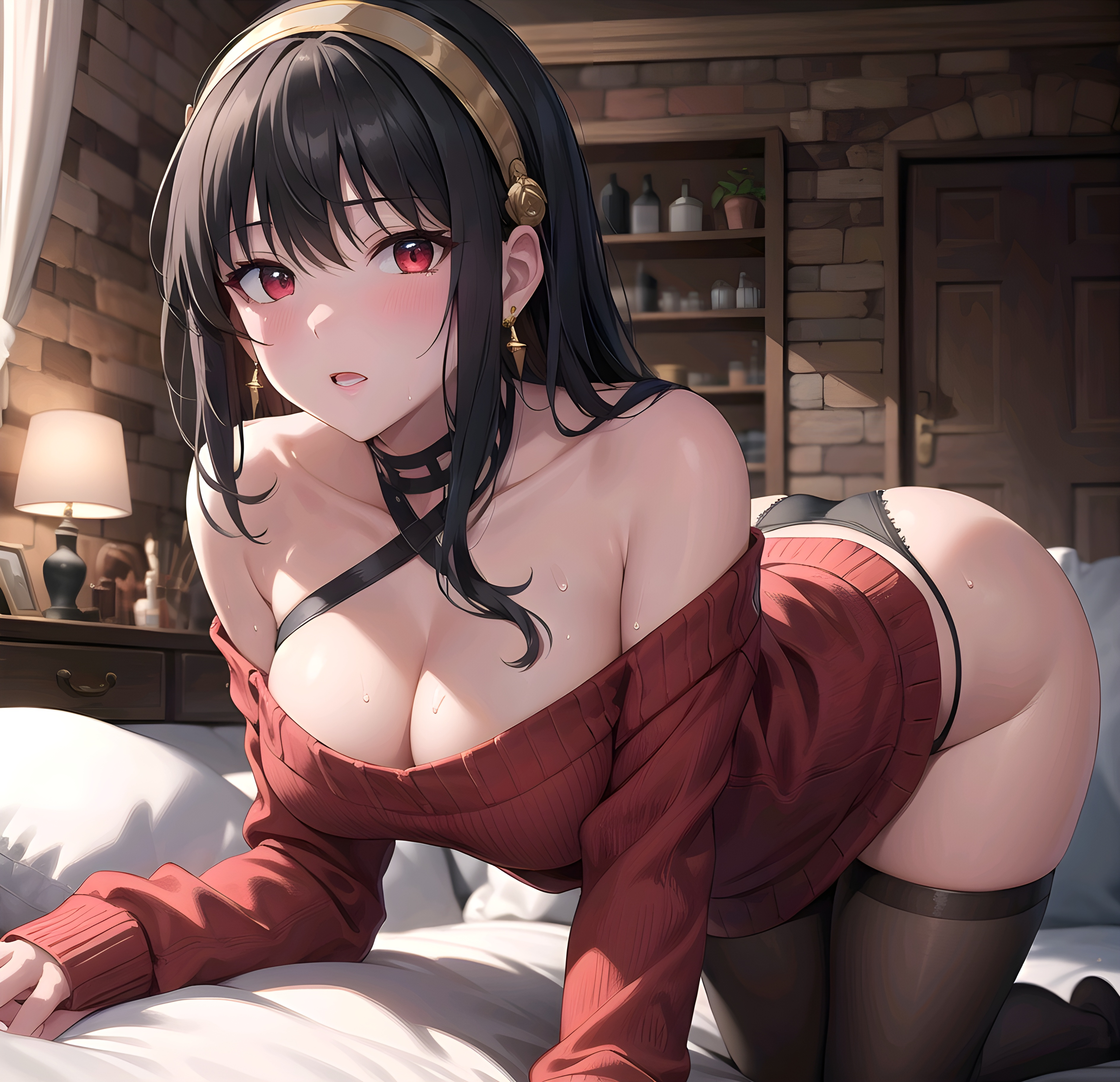 ai generated, bangs, black hair, blush, embarrassed, female, red eyes, shy, spy x family, stable diffusion, yor briar, yor forger