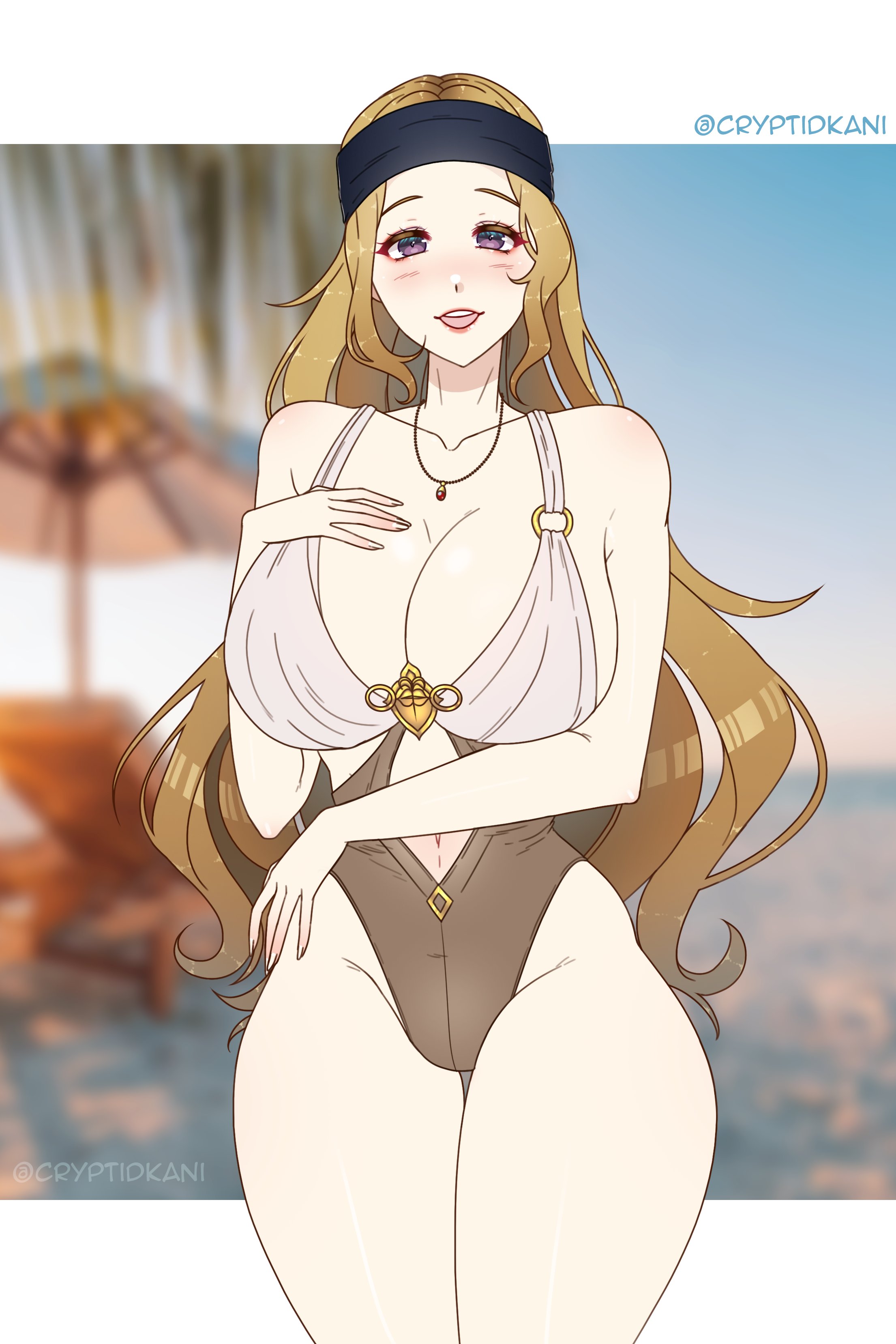 1girls, arm under breasts, atlus, bare legs, breasts, brown hair, brown swimsuit, chihaya mifune, cleavage, cryptid crab, female, hand on own breast, headband, huge breasts, looking at viewer, mifune chihaya, necklace, one-piece swimsuit, open mouth, persona, persona 5, purple eyes, sideboob, smile, solo, swimsuit, thick thighs, very long hair, wide hips