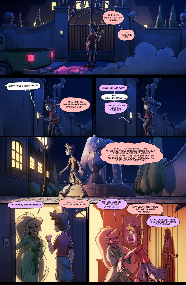 bigdad, blonde hair, brown hair, comic, dialogue, dipcifica, dipper pines, disney, disney channel, disney xd, fanon couple, female, gravity falls, human, male, pacifica northwest, penis, straight hair, tagme