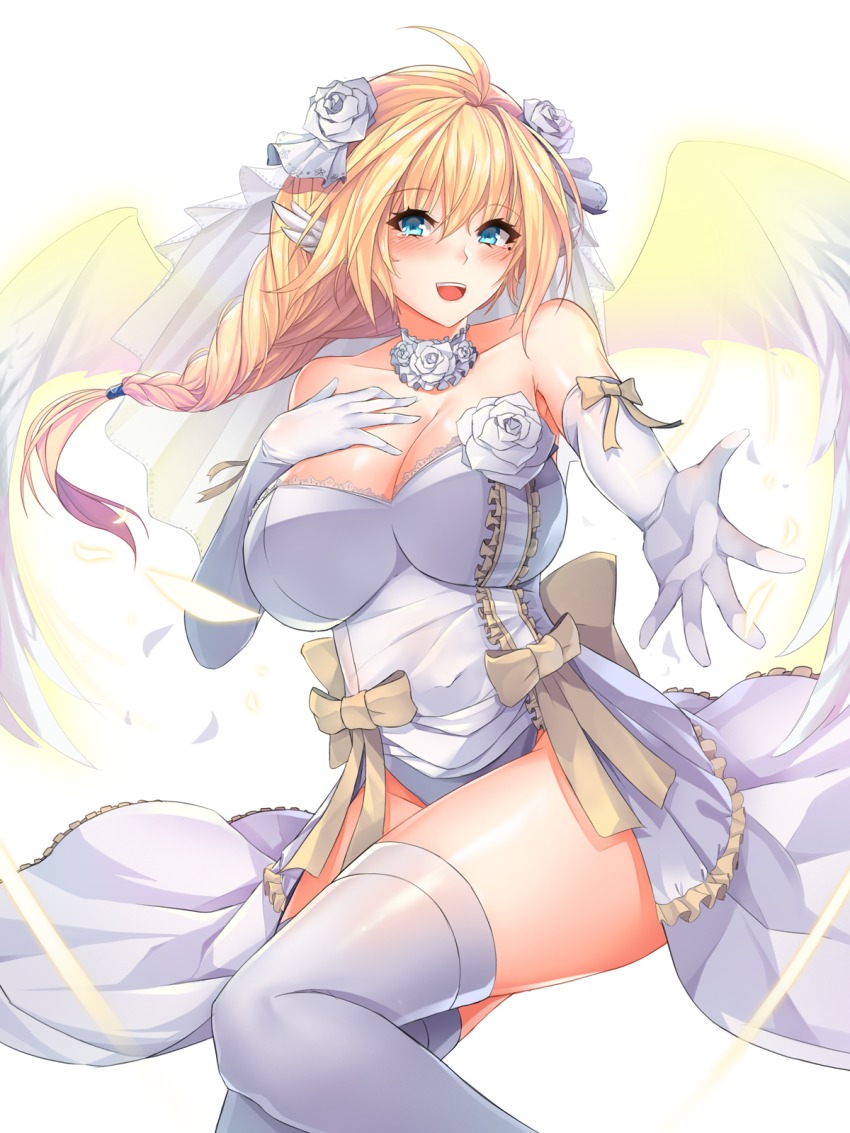 1girls ahoge alternate_costume angel angel_wings armpits bare_shoulders blonde_hair blue_eyes blush braid breasts bridal_veil cleavage dress elbow_gloves feathered_wings female gloves highres large_breasts long_hair looking_at_viewer moing open_mouth silla_(soccer_spirits) smile soccer_spirits solo thighhighs veil wedding_dress wings