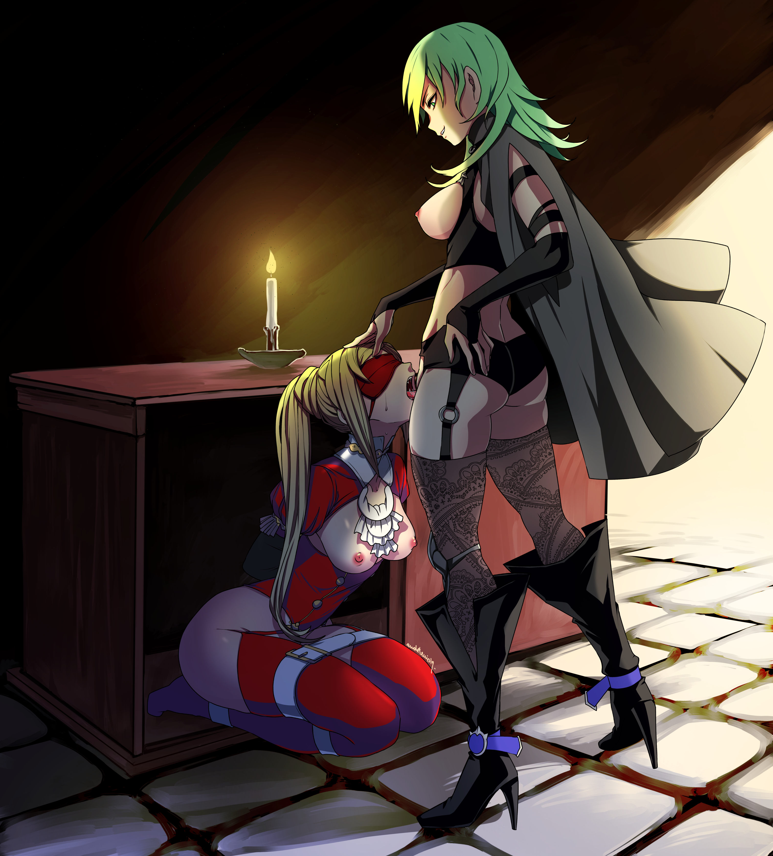 2girls, alternate hairstyle, alternate version available, arms behind back, ass, black panties, blindfold, bondage, boots, breasts, breasts out, byleth (fire emblem), byleth (fire emblem) (female), candle, cape, cunnilingus, dominatrix, edelgard von hresvelg, eudetenis, female, female protagonist, femdom, femsub, fire, fire emblem, fire emblem: three houses, green eyes, green hair, hand on head, high heels, kneeling, leggings, long hair, looking down, medium breasts, multiple females, multiple girls, nintendo, nipples, open mouth, panties, post-timeskip, sex, side ponytail, slave, smile, table, thighhighs, tongue, tongue out, under the table, white panties, yuri