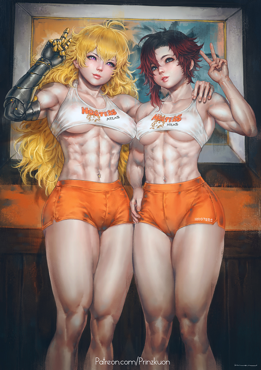 2girls abs big_breasts breasts female female_only hooters hooters_uniform large_breasts muscles muscular muscular_female prinzkuon ruby_rose rwby tagme thick_thighs yang_xiao_long