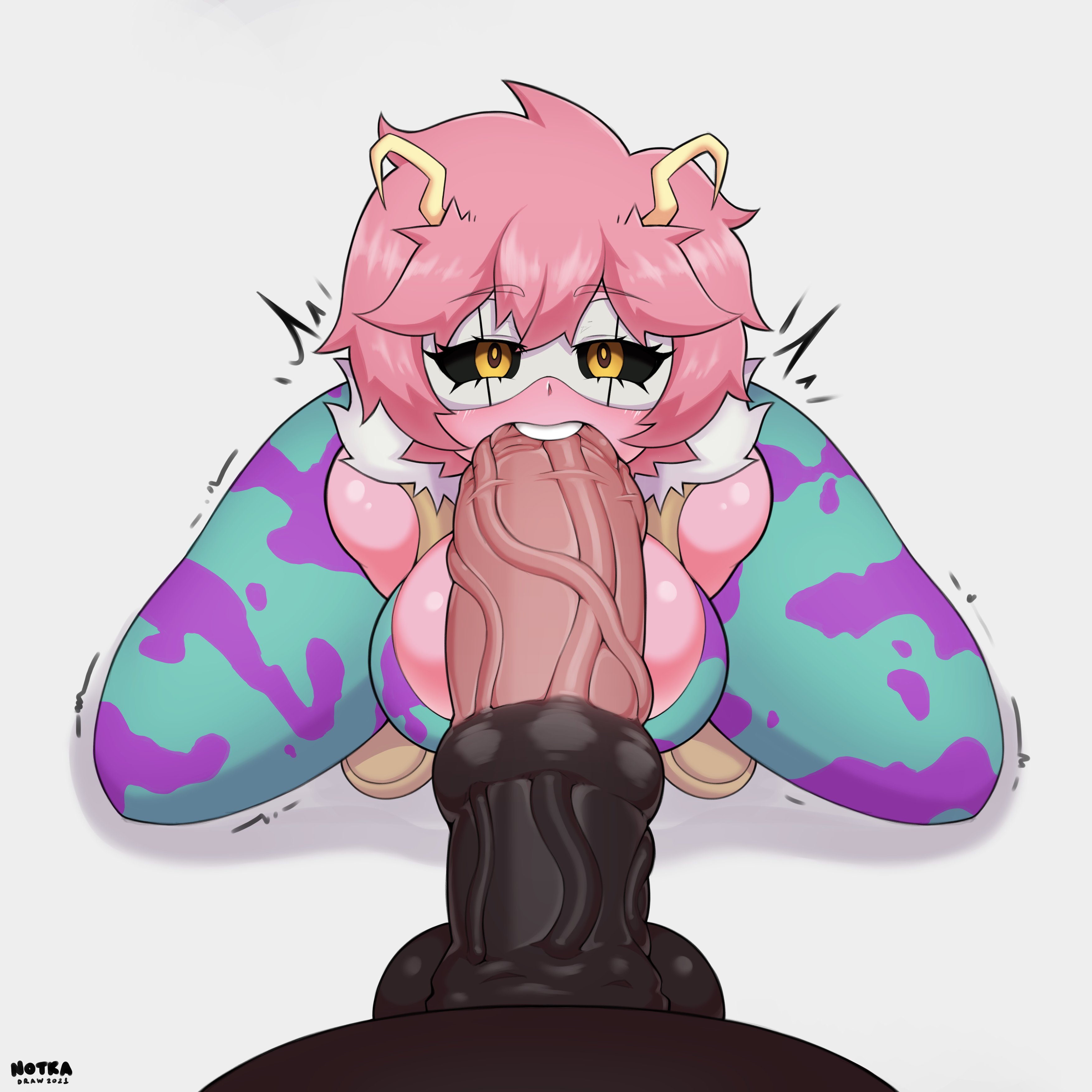 1boy, 1girls, animal genitalia, big breasts, breasts, cleavage, fellatio, female, hero outfit (mha), horse, horsecock, huge cock, large breasts, looking at viewer, male, mina ashido, my hero academia, notkadraw, oral, penis, pink hair, pink skin, pov, straight, thick thighs, zoophilia