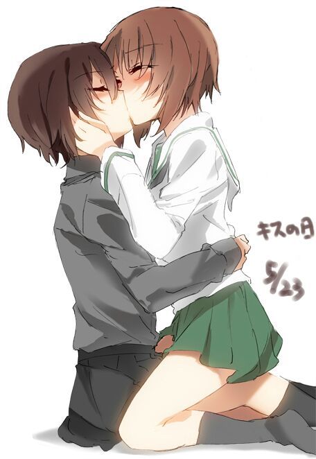 2girls, brown hair, female, female only, girls und panzer, incest, kissing, medium hair, nishizumi maho, nishizumi miho, schoolgirl uniform, skirt, tagme, yuri