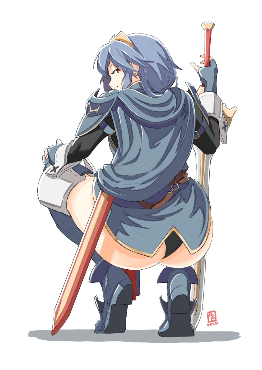 1girls, alternate eye color, armor, ass, automatic giraffe, black panties, blue eyes, blue hair, broly culo, cape, falchion (fire emblem), female, fingerless gloves, fire emblem, fire emblem awakening, fully clothed, gloves, large ass, long hair, looking at viewer, looking back, lucina (fire emblem), meme, naughty face, nintendo, no pants, panties, pantyshot, red eyes, seductive, seductive smile, simple background, smile, solo, squatting, sword, tiara, underwear, upskirt, weapon, white background