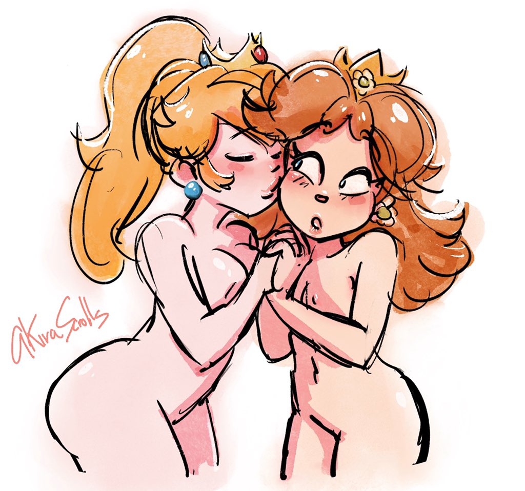 2girls akirascrolls ass breasts earrings kiss mario_(series) multiple_girls nintendo nude princess_daisy princess_peach white_background yuri