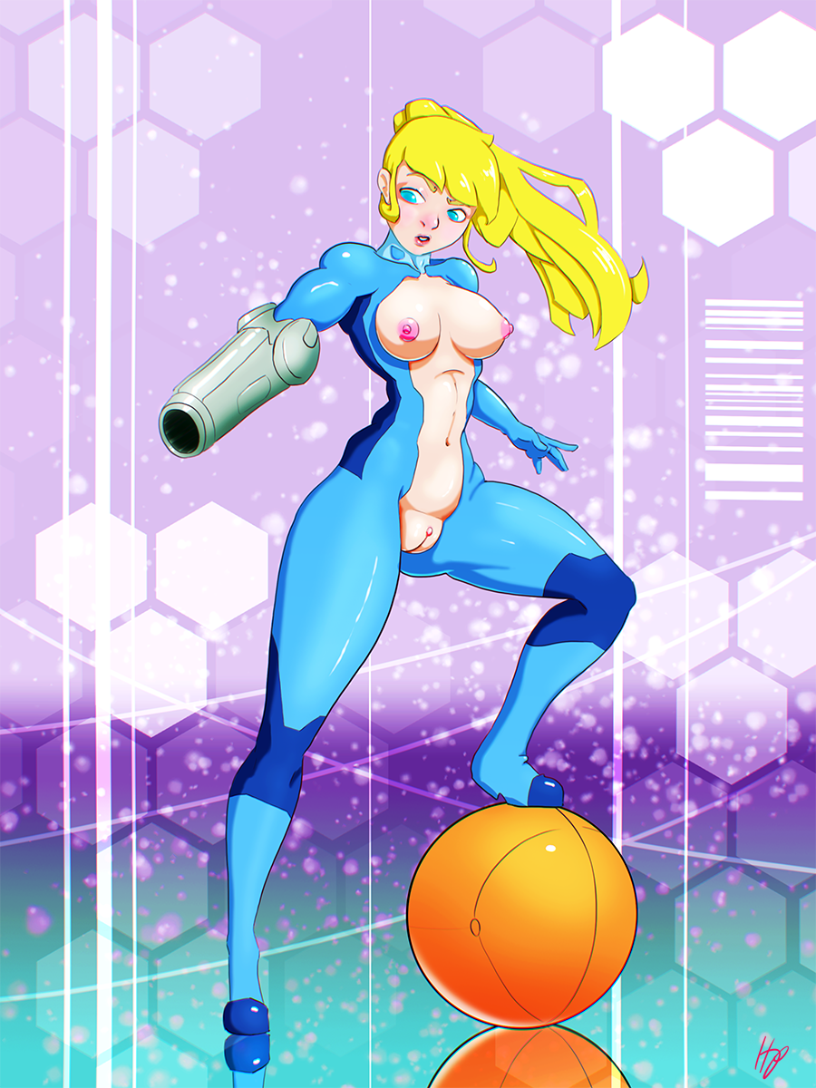 arm_cannon ball blonde_hair blue_eyes female hotpinkevilbunny large_breasts metroid navel ponytail samus_aran solo thick_thighs zero_suit zero_suit_samus