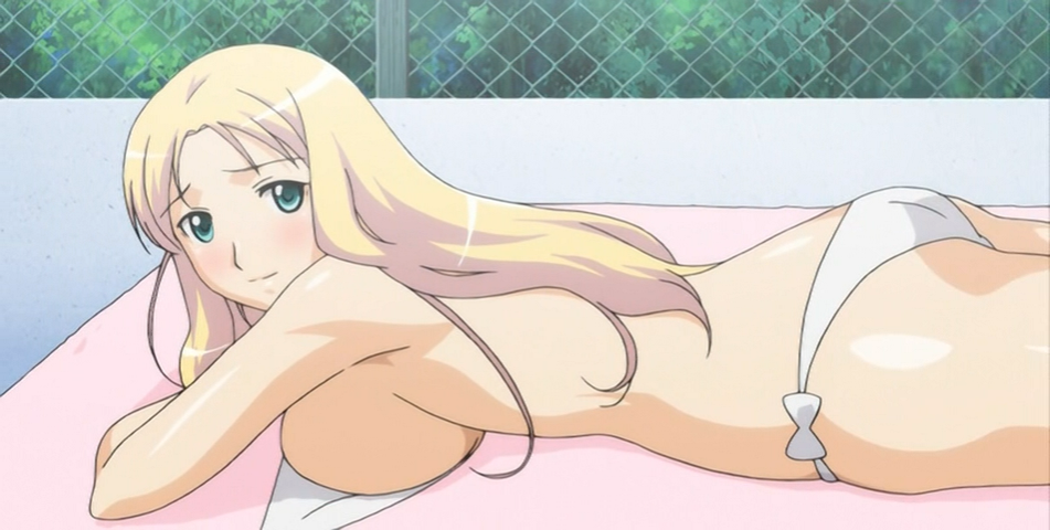 1girls ass big_breasts bikini blonde_hair blush breast_press breasts date_wingfield_reiko fault!! female female_only green_eyes long_hair looking_back lying screencap screenshot side_view sideboob smile stitched sunbathing t-rex_(animation_studio) topless towel untied_bikini white_bikini