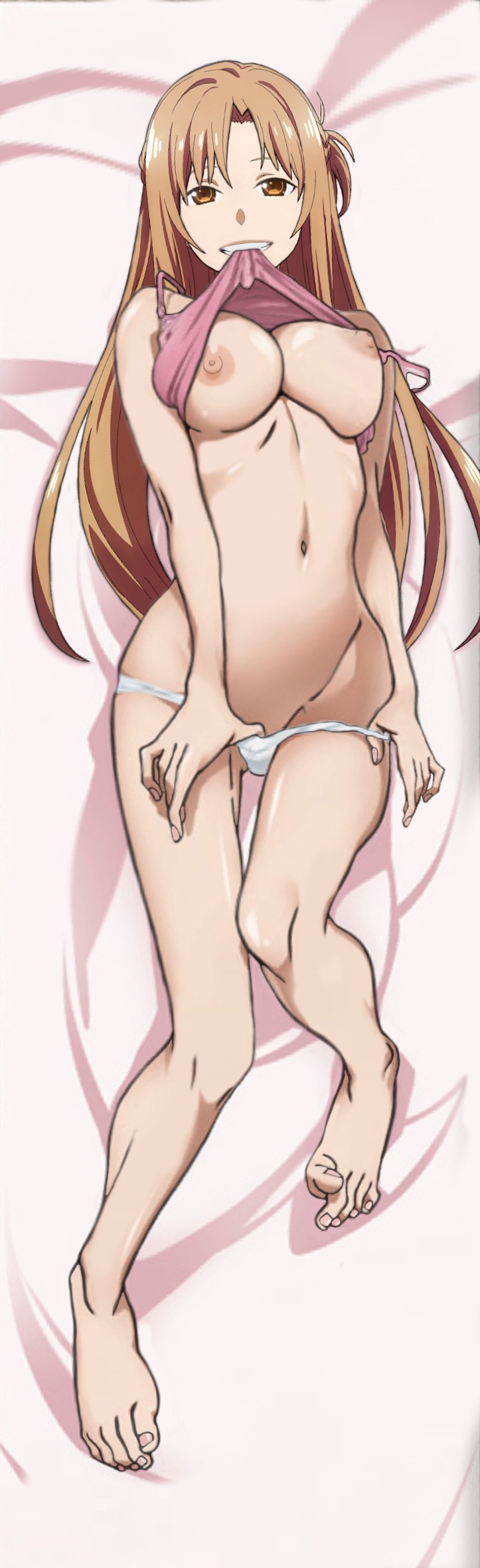 1girls, big breasts, biting clothes, breasts, brown hair, dakimakura, edit, feet, female, large breasts, lying, navel, nipples, nude filter, panties, panty pull, smile, sword art online, third-party edit, undressing, white panties, yuuki asuna