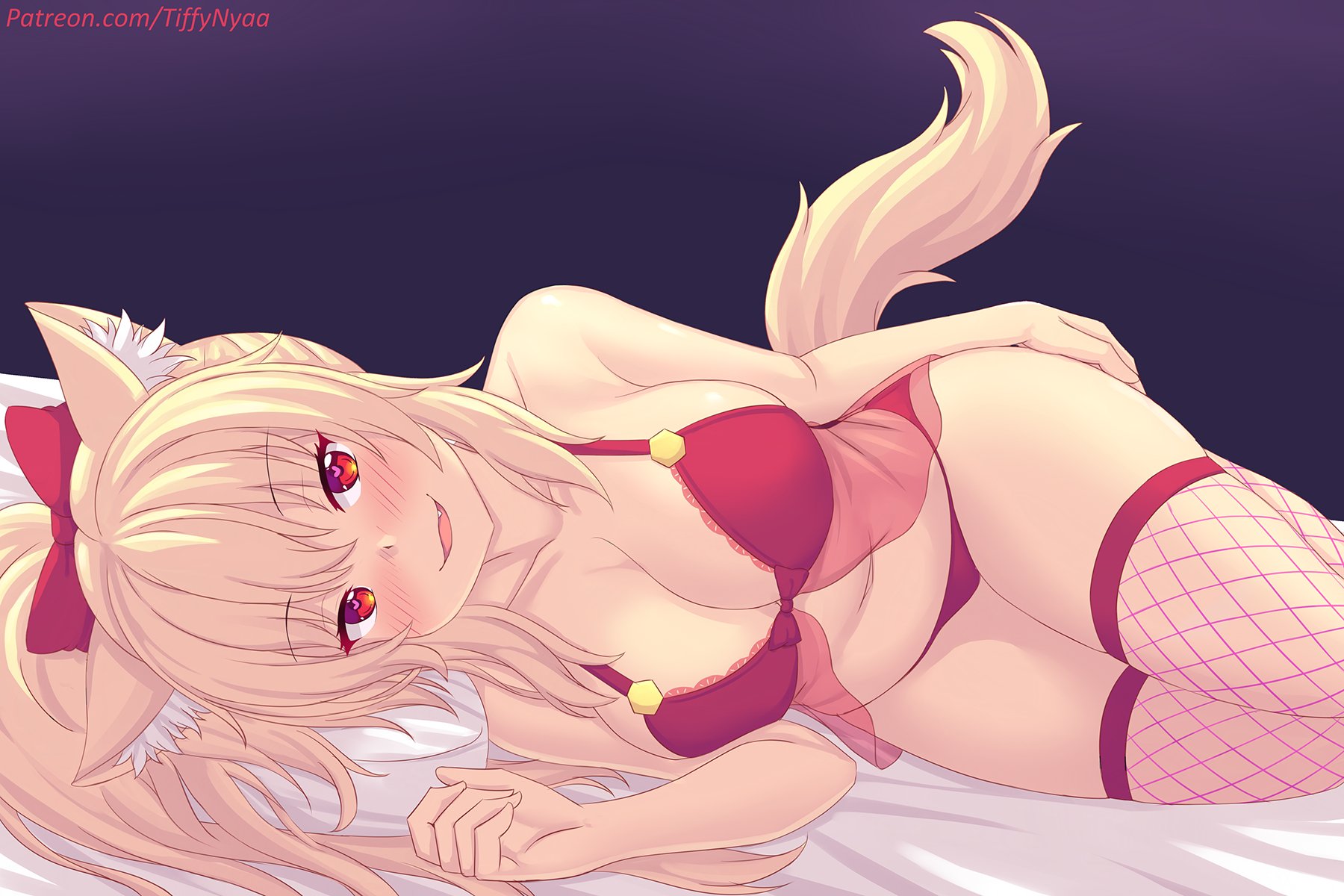 animal ears, blonde hair, blush, breasts, cleavage, fangs, female, fishnet stockings, fishnets, hairbow, heart-shaped pupils, lingerie, looking at viewer, lying, navel, on side, original, panties, picot trim, picot trim bra, ponytail, red eyes, red panties, tagme, tail, tiffy, tiffynyaa