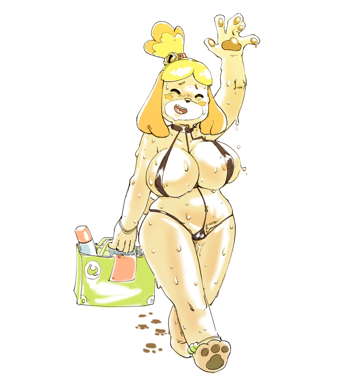 2020, 3 toes, 5 fingers, animal crossing, anthro, areola, areola slip, barefoot, bell, big breasts, bikini, black nose, blonde hair, blush, blushing, box chan, breasts, cameltoe, canid, canine, canis, choker, chubby, cleavage, closed eyes, clothed, clothing, domestic dog, embarrassed, feet, female, fingers, floppy ears, footprint, full-length portrait, fur, gesture, glistening, glistening body, hair, hi res, holding object, huge breasts, isabelle (animal crossing), jewelry, jingle bell, mammal, micro bikini, mud, navel, necklace, nintendo, nipple bulge, open mouth, open smile, pawpads, pawprint, pokies, portrait, pussy, shih tzu, side boob, skimpy, smile, solo, swimwear, teeth, toes, tongue, toy dog, video games, walking, waving, wet, yellow body, yellow fur