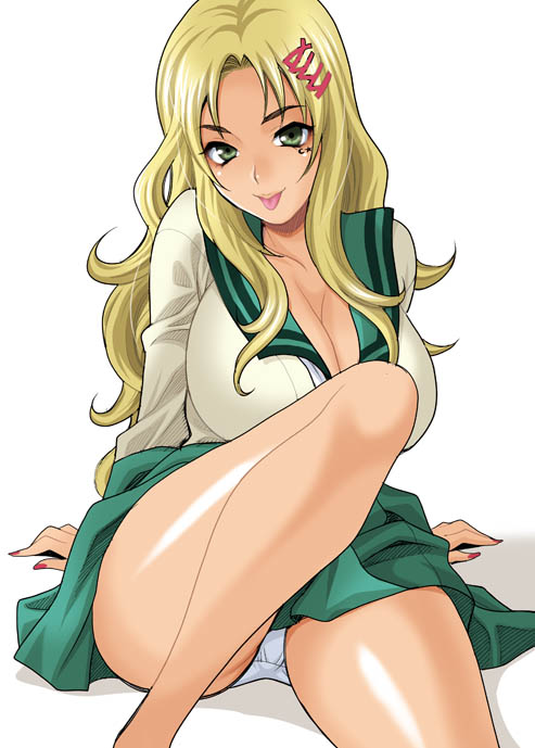 :p aiura_mikoto blonde_hair breasts cleavage female green_eyes hair_ornament huge_breasts jpeg_artifacts large_breasts leg_up long_hair looking_at_viewer nail_polish panties pantyshot photoshop_(medium) pink_nails saiki_kusuo_no_psi_nan school_uniform serafuku sitting solo tongue tongue_out underwear white_panties yukiyanagi