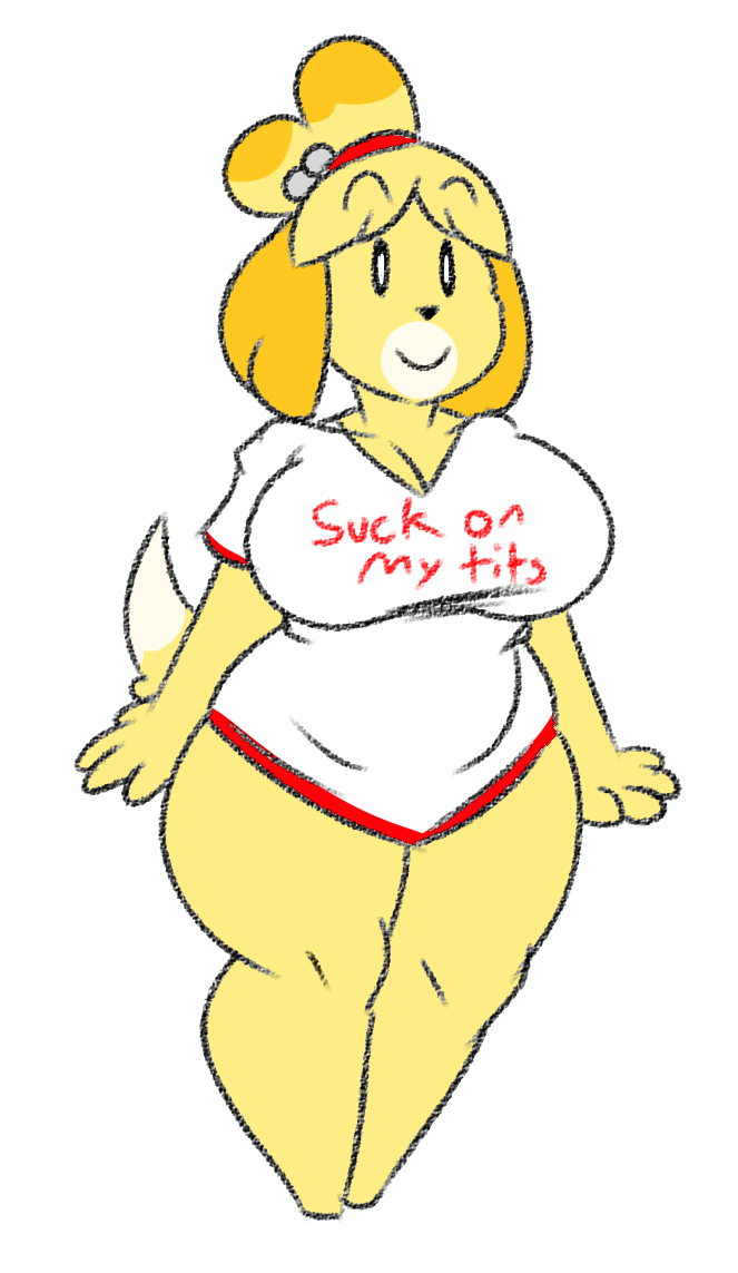 2019 animal_crossing anthro big_breasts bottomless breasts canid canine canis cleavage clothed clothing digital_media_(artwork) dirty_talk domestic_dog english_text female fur hair isabelle_(animal_crossing) kingretrokirby mammal nintendo profanity shih_tzu shirt shortstack simple_background smile solo standing suggestive_shirt text text_on_clothing text_on_shirt text_on_topwear thick_thighs topwear toy_dog video_games white_background wide_hips yellow_body yellow_fur