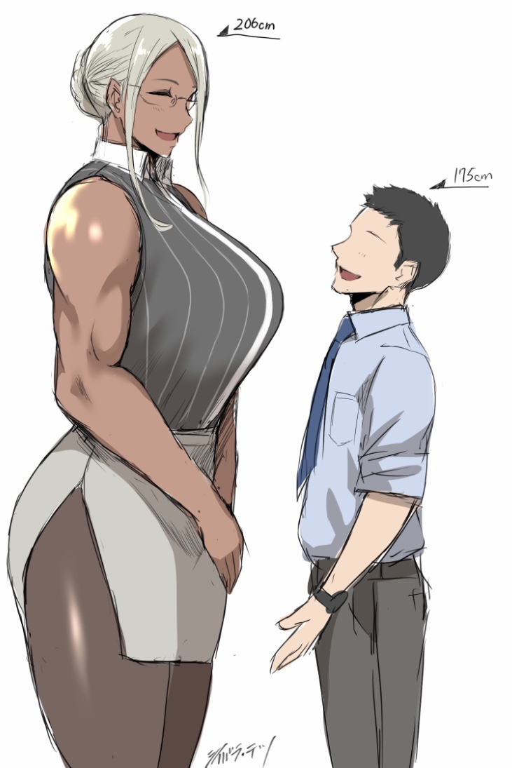 :d, 1boy, 1girls, black hair, breasts, closed eyes, commentary request, dark skin, dark-skinned female, female, glasses, grey hair, height difference, large breasts, legs, male, muscular, muscular female, necktie, office lady, open mouth, original, pants, pantyhose, shibusun, shirt, sidelocks, simple background, smile, tall female, watch, white background, wing collar, wristwatch
