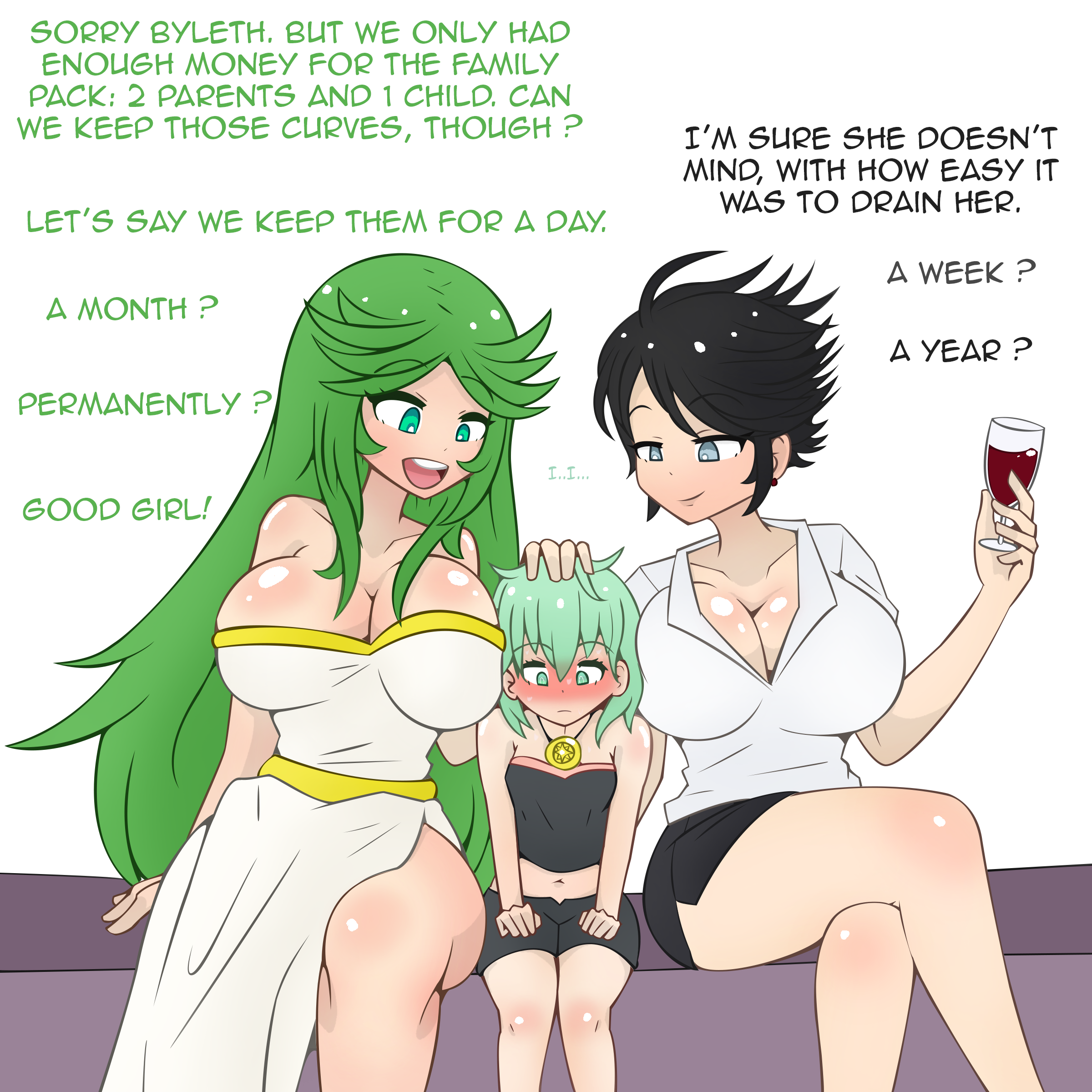attribute theft, bayonetta, bayonetta (character), bayonetta 2, black hair, blue eyes, blush, breast expansion, breast growth, breast growth (enlargement), breast reduction, breasts, byleth (fire emblem), byleth (fire emblem) (female), cleavage, colored, crossover, dialogue, english text, female, fire emblem, fire emblem: three houses, green hair, growth, headpat, inksgirls, ivelacia, kid icarus, large breasts, mature female, milf, nintendo, palutena, shrinking, shrunken female, size difference, size theft, super smash bros., text