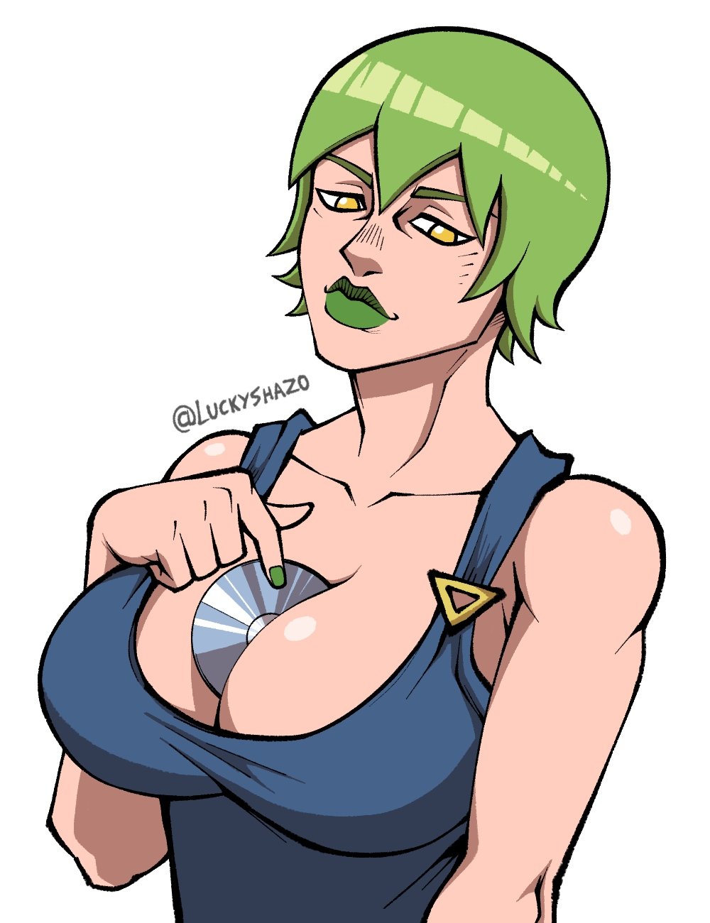 1girls, 2021, artist name, breasts, clothing, female, female only, foo fighters, green hair, jojo's bizarre adventure, large breasts, light skin, light-skinned female, luckyshazo, object between breasts, short hair, shounen jump, stone ocean