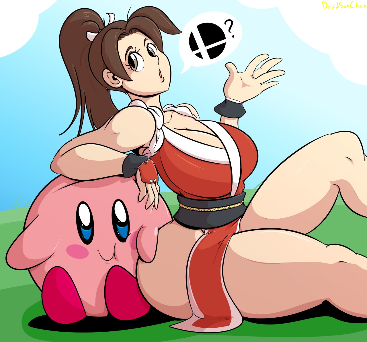 adorable ass_grab big_breasts blue_eyes blush breasts butt_grab clothed clothing cute cute_face davidsanchan eyelashes female king_of_fighters kirby kirby_(series) looking_at_viewer mai_shiranui male nintendo nintendo_switch pink_body pink_skin red_feet super_smash_bros. super_smash_bros._ultimate