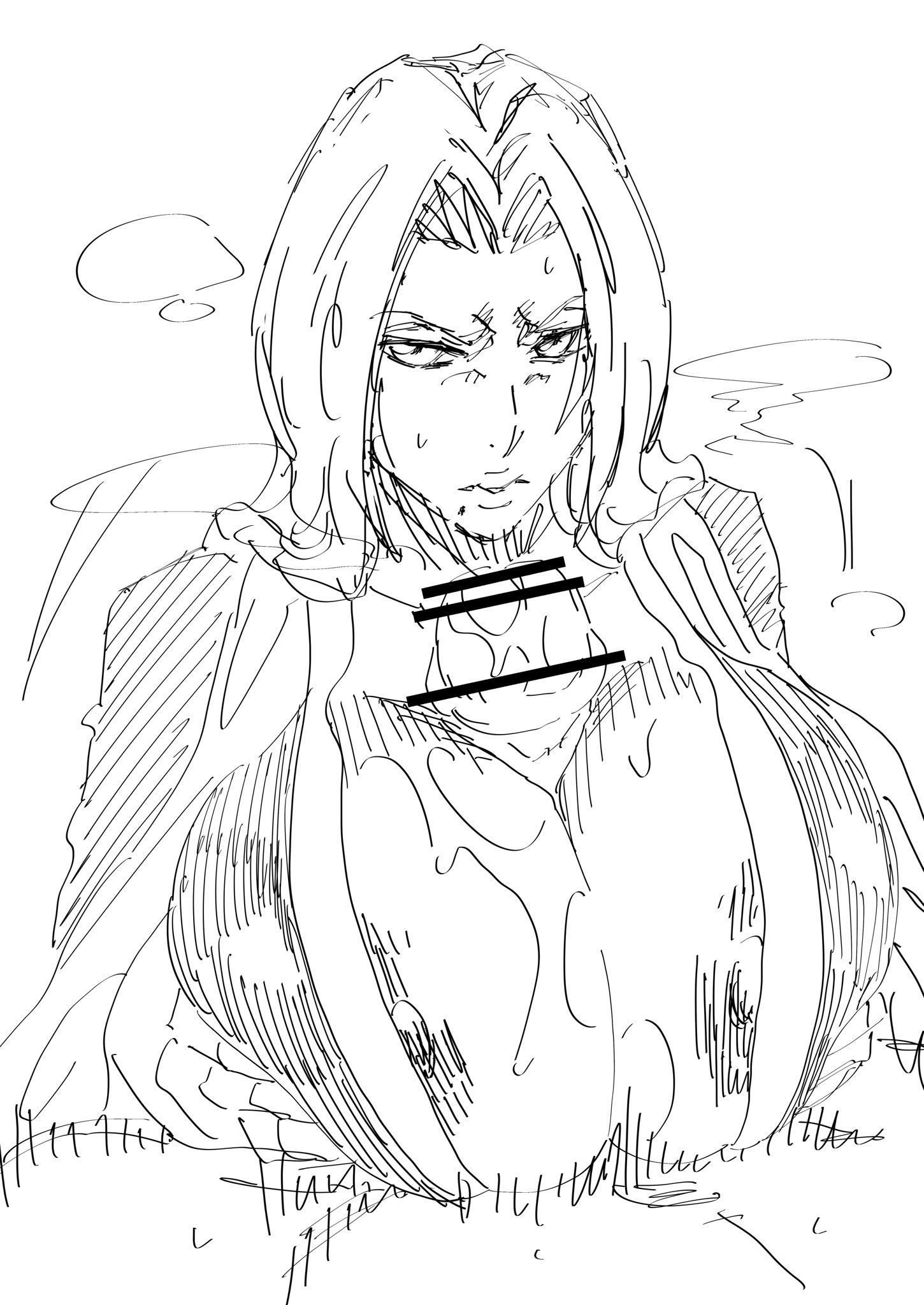 1boy, 1girls, angry, angry face, beauty mark, big breasts, bleach, blonde hair, breasts, censored, female, huge breasts, hyper penis, iwao178, large breasts, male, matsumoto rangiku, monochrome, no artist signature, no source, paizuri, penis, titjob