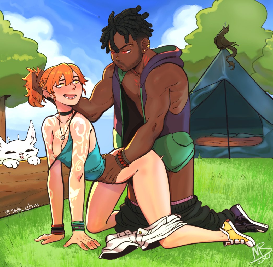 1boy 1girls all_fours camisole camping character_request choker cleavage clothed_sex dark-skinned_male dark_skin doggy_style eye_contact eymbee female grass hair_grab interracial male muscular muscular_male necklace on_ground orange_hair outdoors red_eyes red_hair sex shorts_around_one_leg sleeveless_hoodie small_breasts straight sun_tattoo tattoo tattoos yellow_eyes