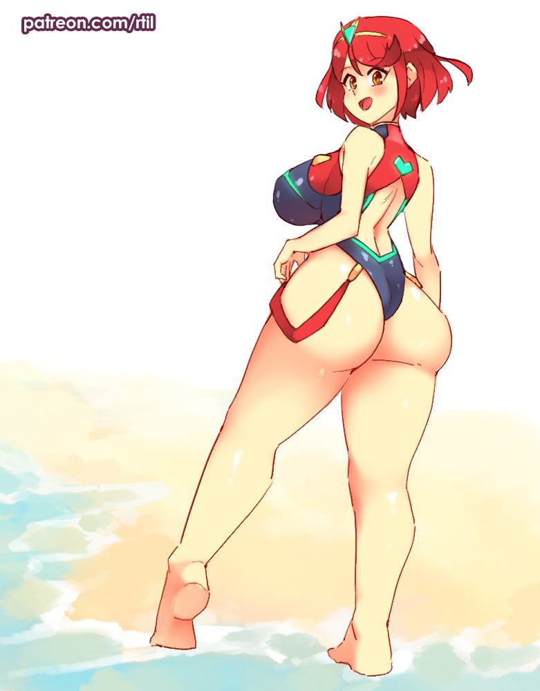 1girls, ass, breasts, female, female only, huge ass, huge breasts, nintendo, one-piece swimsuit, pyra, red hair, rtil, solo, solo female, swimsuit, tagme, xenoblade (series), xenoblade chronicles 2