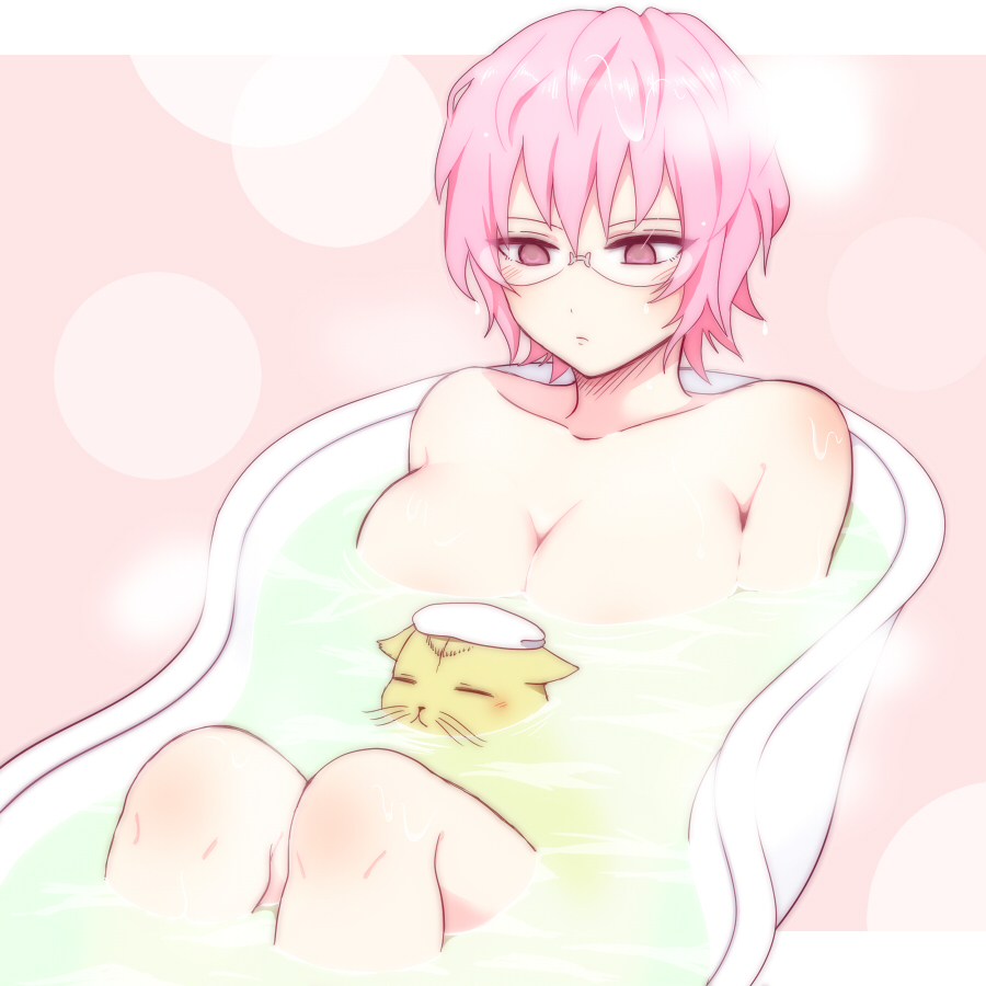 anpu bathing bathtub breasts feline female genderswap_(mtf) koro_(koinori) large_breasts nude pink_hair purple_eyes rule_63 saiki_kusuko saiki_kusuo saiki_kusuo_no_psi_nan short_hair solo towel towel_on_head water wet