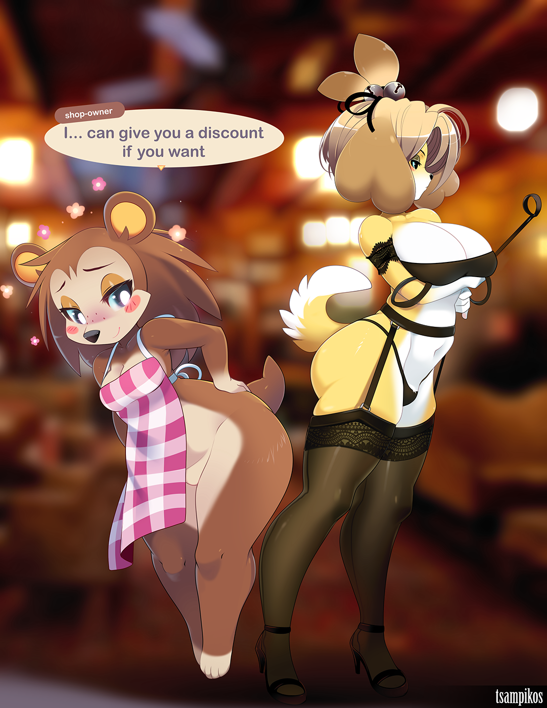 2020, alternate breast size, animal crossing, anthro, apron, apron only, big breasts, blurred background, blush, blush stickers, breasts, canid, canine, canis, cleavage, clothed, clothing, dialogue, domestic dog, dominatrix, duo, english text, eulipotyphlan, female, freckles, hedgehog, hi res, isabelle (animal crossing), legwear, lingerie, mammal, mostly nude, navel, nintendo, sable able, shih tzu, signature, stockings, text, thong, toy dog, tsampikos, underwear, video games