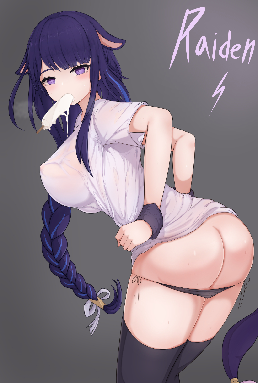 1girls, animal ears, ass, ass crack, braid, breasts, butt crack, erect nipples, erect nipples under clothes, female, genshin impact, highres, large breasts, nipples, panties, panty pull, popsicle, purple eyes, purple hair, raiden shogun, see-through, sexually suggestive, shirt, skyhood, thighhighs, underwear, wet, wet clothes, white shirt