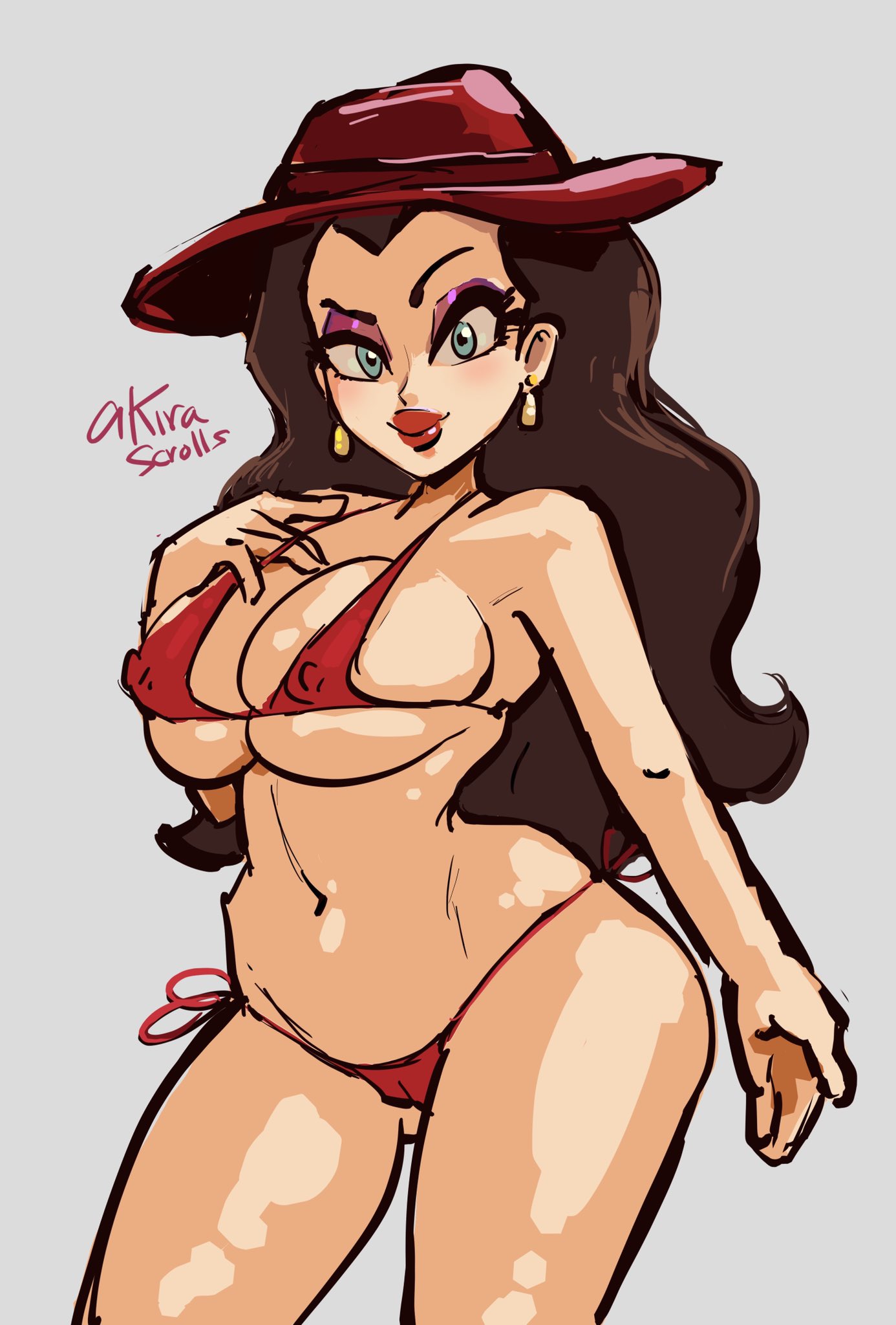 1girls, akirascrolls, big lips, bikini, breasts, cameltoe, earrings, female, female only, hat, hips, lipstick, mario (series), nintendo, pauline, pussy, red lipstick, solo, super mario odyssey