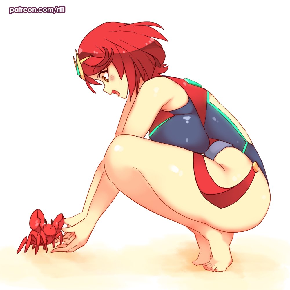 1girls, alternate version available, breasts, crab, cute, female, female only, huge breasts, large breasts, nintendo, one-piece swimsuit, open mouth, plain background, pyra, red hair, rtil, shiny skin, short hair, smile, solo, solo female, squatting, swimsuit, thick thighs, tiptoes, white background, xenoblade (series), xenoblade chronicles 2, yellow eyes