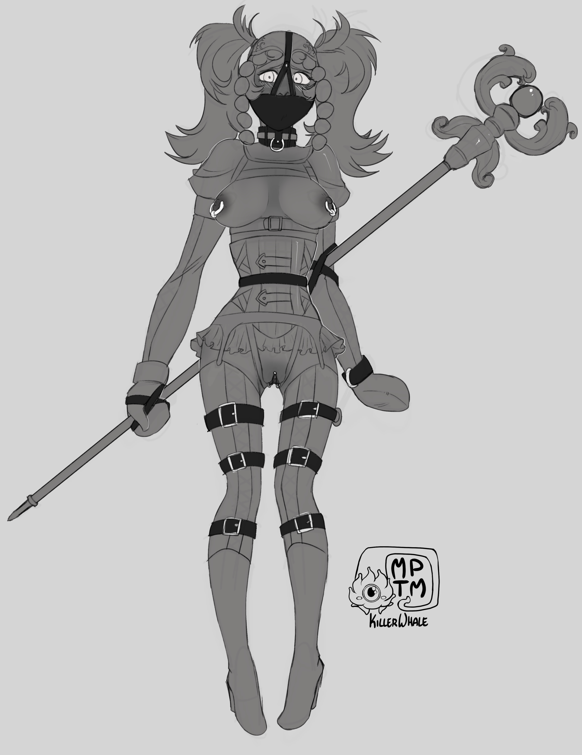 1girls, black and white, bondage, bondage gear, breasts, breasts out, clitoris, clitoris piercing, collar, female, female only, femsub, fire emblem, fire emblem awakening, frilled skirt, frills, gag, garter belt, greyscale, high heels, hourglass figure, labia piercing, lissa (fire emblem), looking at viewer, medium breasts, miniskirt, monochrome, my pet tentacle monster, nintendo, nipple piercing, nipples, piercing, pussy, solo, staff, stockings, thighhighs, twintails