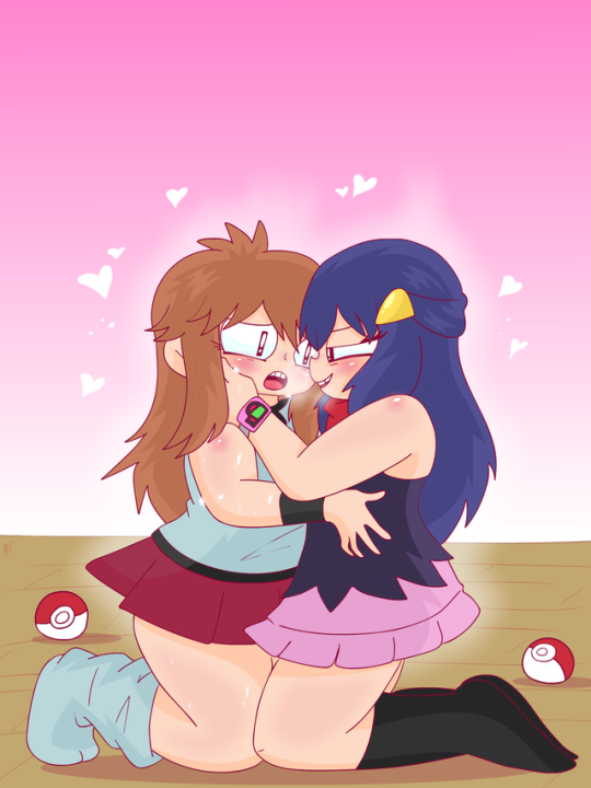 2girls blush blushing clothed clothed_female clothing dawn_(pokemon) embrace female female_only kissing kneeling leaf_(pokemon) mattyburrito multiple_females multiple_girls nintendo pokeball pokemon pokemon_dppt pokemon_rgby skirt steamy steamy_breath