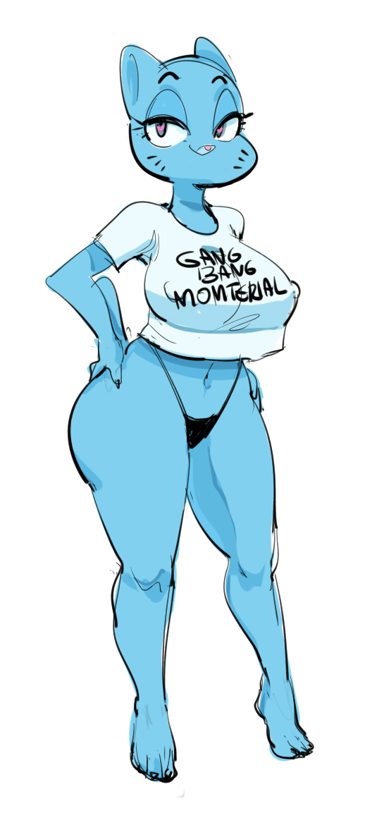 <3 eyes, 2019, anthro, big breasts, black clothing, black underwear, blue body, blue fur, breasts, cartoon network, clothed, clothing, dbaru, digital media (artwork), domestic cat, felid, feline, felis, female, fur, half-closed eyes, heart, mammal, mature anthro, mature female, narrow shoulders, narrowed eyes, nicole watterson, nipple outline, no pants, panties, shirt, simple background, solo, standing, the amazing world of gumball, thick thighs, thong, topwear, underwear, whiskers, white background, white clothing, white topwear