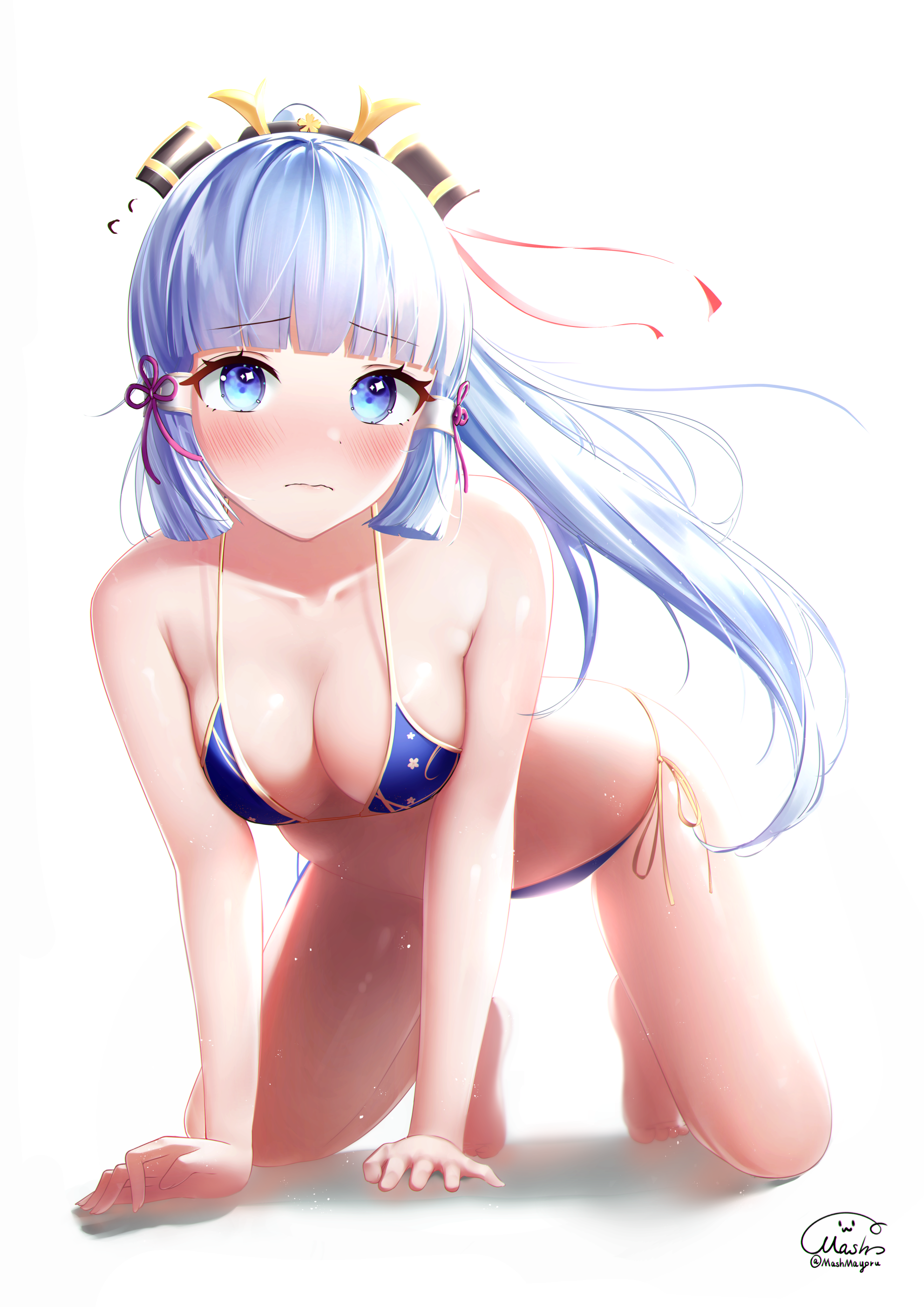 1girls, all fours, bikini, blue eyes, blue hair, blush, breasts, female, female only, genshin impact, hi res, human, kamisato ayaka, looking at viewer, mash mayoru, medium breasts, ponytail, shy, swimsuit