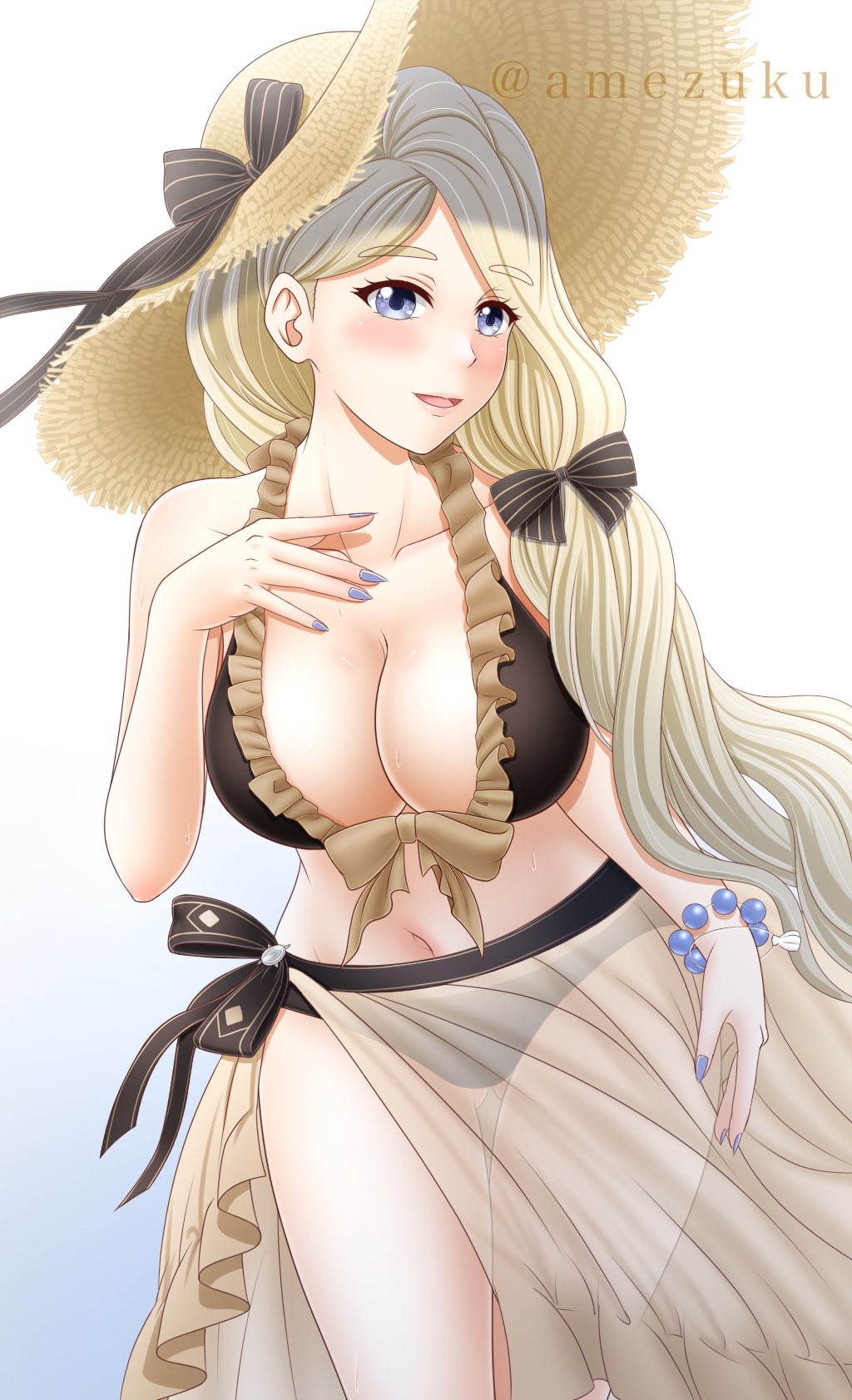 1girls, alternate costume, amezuku, ass visible through thighs, bikini, black bikini, black swimsuit, blonde hair, blue eyes, blue nails, bracelet, breasts, cleavage, female, female only, fire emblem, fire emblem heroes, fire emblem: three houses, hat, higher resolution available, large breasts, long hair, looking at viewer, mercedes von martritz, mercedes von martritz (summer), nail polish, nintendo, official alternate costume, open mouth, sarong, see-through, solo, sun hat, swimsuit, white background, white skin