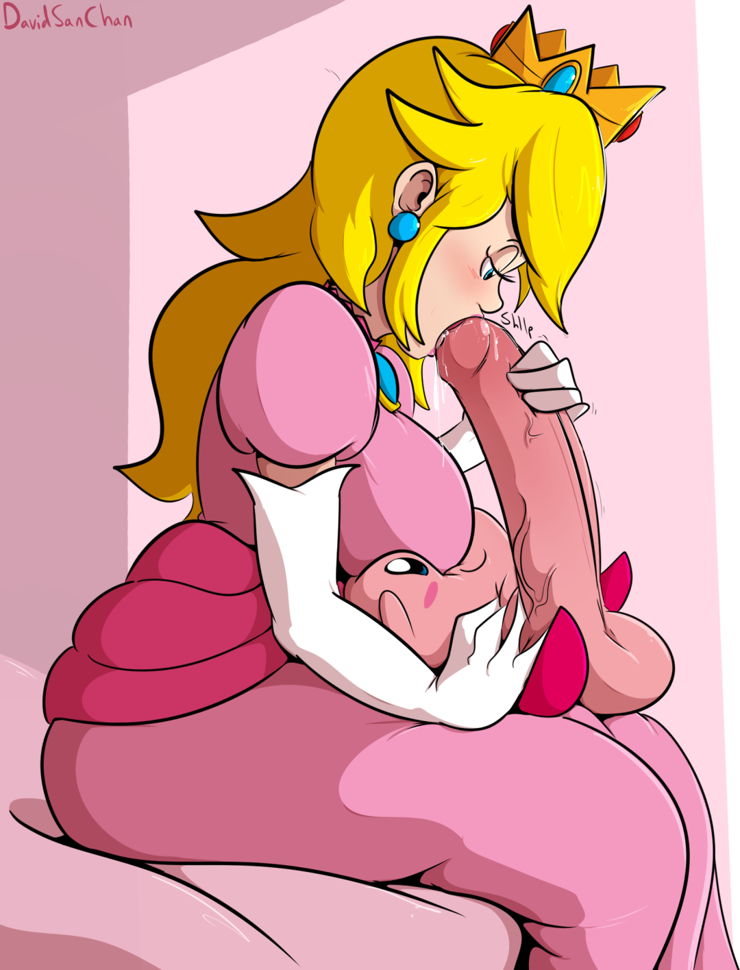 2020, anthro, balls, big balls, big breasts, big penis, big testicles, blowjob, blue eyes, blush, breasts, crossover, cute, cute face, davidsanchan, eyelashes, female, fully clothed, huge balls, huge cock, huge testicles, kirby, kirby (series), male, mario (series), monster, nintendo, nintendo switch, oral, oral sex, penis, pink body, pink dress, pink skin, princess peach, red feet, small but hung, testicles, yellow hair