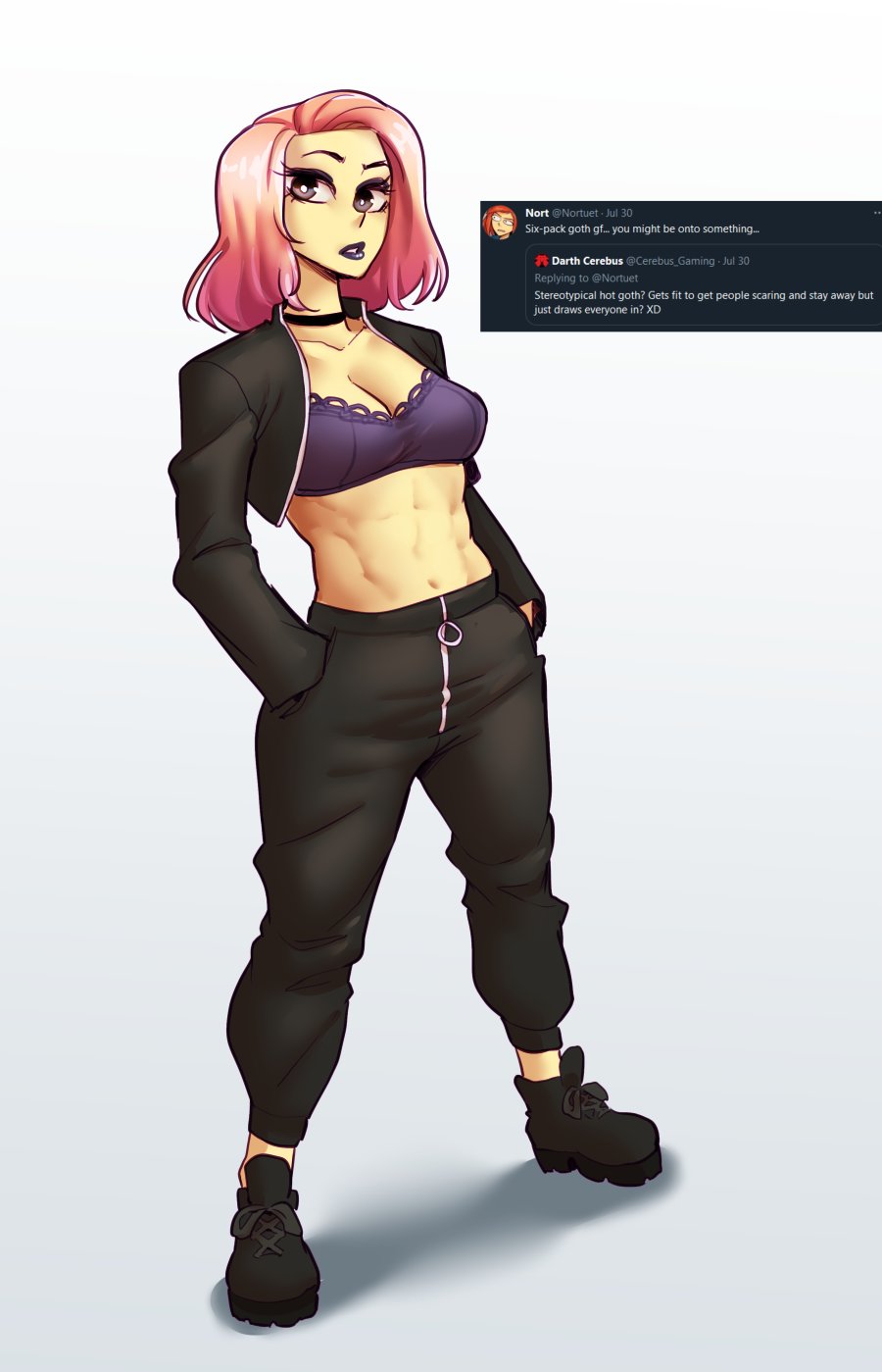 1girls, breasts, cleavage, clothed, clothing, collar, english text, female, female focus, female only, hi res, looking at viewer, medium breasts, medium hair, muscular, muscular female, navel, nortuet, original, original character, pink eyes, pink hair, revealing clothes, simple background, solo, text, white background
