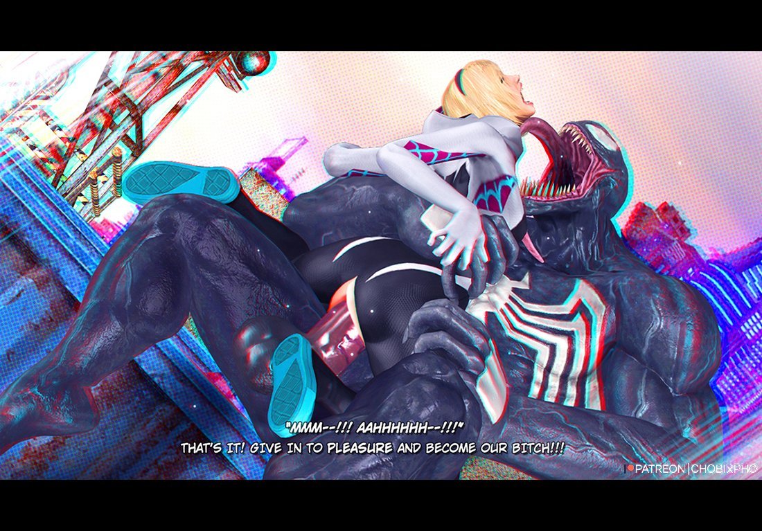 1boy, 1girls, 3d, alien, alien humanoid, alien/human, blonde, blonde female, blonde hair, blonde-haired female, chobixpho, female, female focus, female penetrated, gwen stacy, hairband, human, interspecies, light skin, light-skinned female, male, male/female, marvel, marvel comics, moaning, muscular, muscular male, smaller female, spider-gwen, spider-man (series), spider-man: across the spider-verse, straight, venom (marvel)