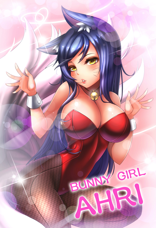 1girls, ahri, animal ears, bell, bell collar, blue hair, boobs, breasts, bunnysuit, female, female only, league of legends, looking at viewer, solo, solo female, tem10, whiskers, yellow eyes