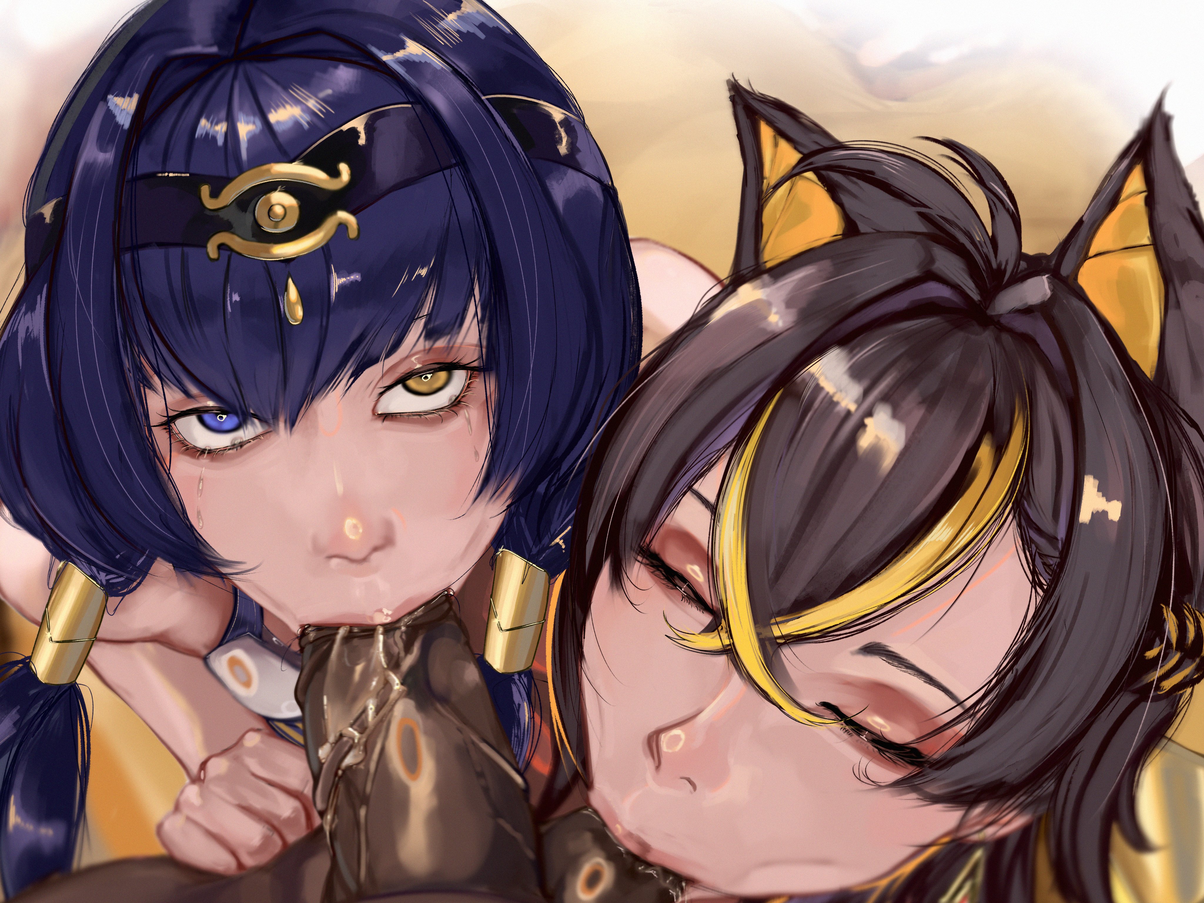 1boy, 2girls, animal ears, balls, blonde hair, blowjob, blue eye, blue hair, blush, brown hair, candace (genshin impact), closed eyes, collaborative fellatio, cooperative fellatio, crying, crying with eyes open, dark skin, dark-skinned male, dehya (genshin impact), fellatio, female, ffm threesome, genshin impact, heterochromia, hoyoverse, kaiserart, looking at viewer, male, male pov, mihoyo, multiple females, multiple girls, pov, sucking balls, sucking testicles, tan skin, tan-skinned female, teamwork, testicles, threesome, two-tone hair, yellow eye
