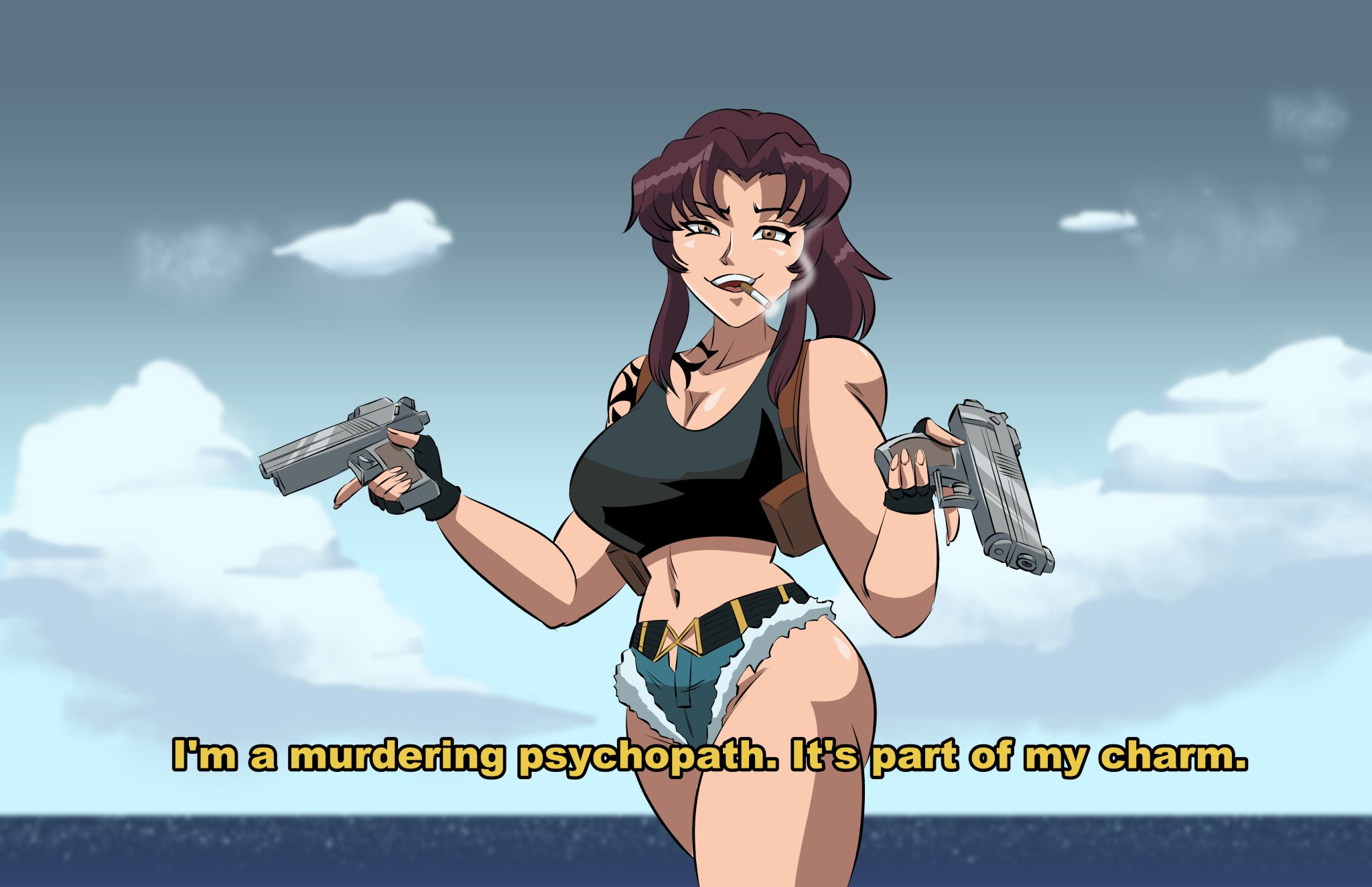 1girls, ass, athletic, athletic female, big ass, big breasts, black lagoon, bottom heavy, breasts, bust, busty, chest, cleavage, curvaceous, curvy, curvy figure, digital drawing (artwork), digital media (artwork), female, female focus, female only, fit, fit female, glassfish, gun, hips, hourglass figure, huge ass, huge breasts, large ass, large breasts, legs, light skin, light-skinned female, lips, mature, mature female, revy, slim waist, thick, thick hips, thick legs, thick thighs, thighs, top heavy, top heavy breasts, voluptuous, voluptuous female, waist, wide hips