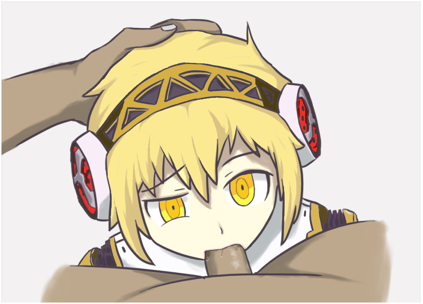 aegis_(persona) aigis_(persona) alternate_costume android blowjob confused_look female hand_on_head persona_4_arena shadow_aigis yellow_eyes