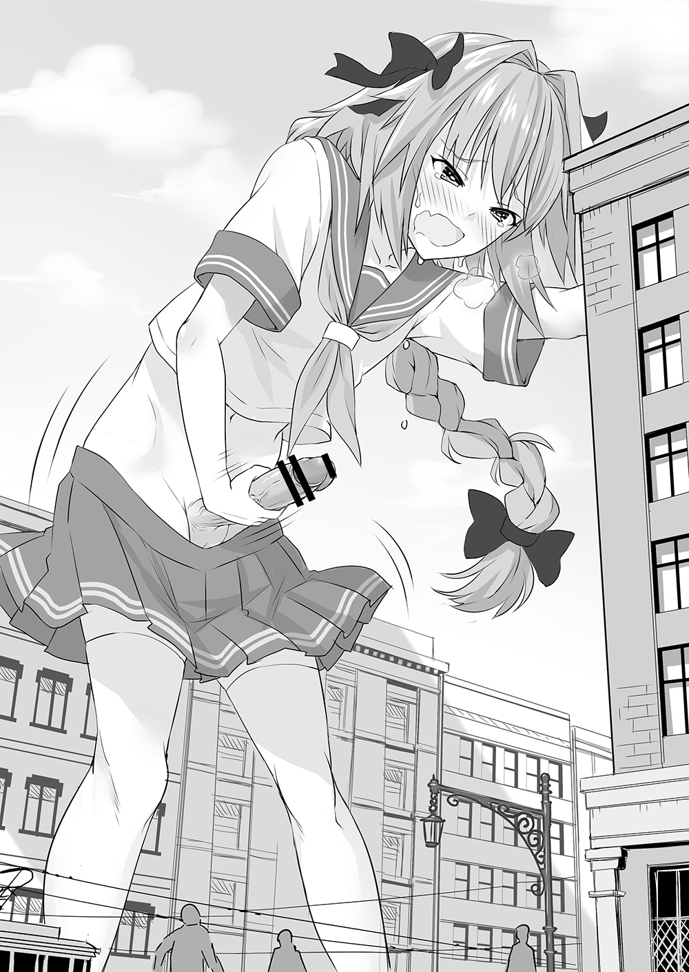 1boy, astolfo (fate), balls, censored, censored penis, city, erect penis, erection, fate (series), femboy, giant, giant femboy, giant male, kuro oolong, light skin, light-skinned male, macro, male, male only, masturbation, monochrome, pale in comparison, penis, size difference, skirt down, solo, solo male, testicles, trap