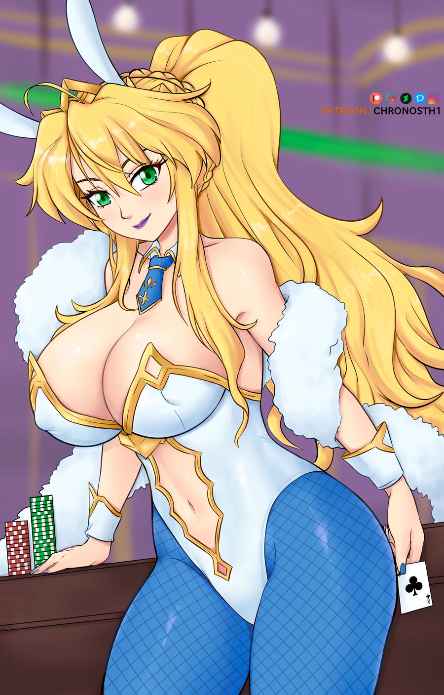 1girls artoria_pendragon blonde_hair breasts bunnysuit cleavage deviantart fake_animal_ears fanbox_reward fate/grand_order fate_(series) gummslime gumroad large_breasts leotard lipstick patreon playing_card poker_chip ponytail solo tagme