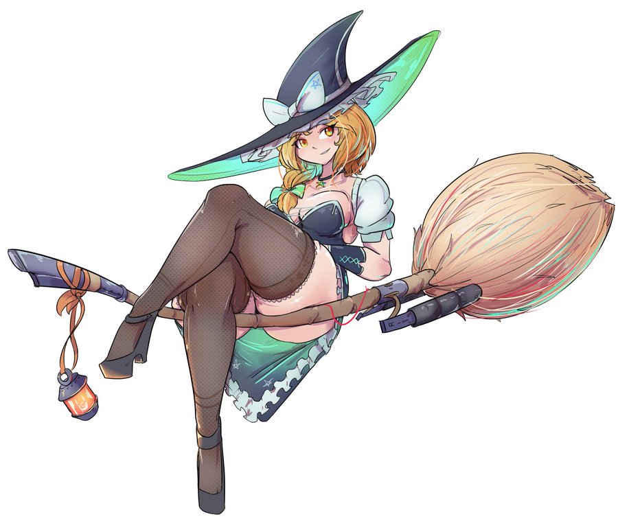 alternate_costume ass black_thighhighs blonde_hair breasts broom crossed_legs detached_sleeves frills greenm heels kirisame_marisa lantern marisa_kirisame medium_breasts necklace platform_heels side_braid simple_background sitting tagme thick_thighs thighhighs thighs touhou two_tone_clothing white_background witch_hat wrist_cuffs yellow_eyes