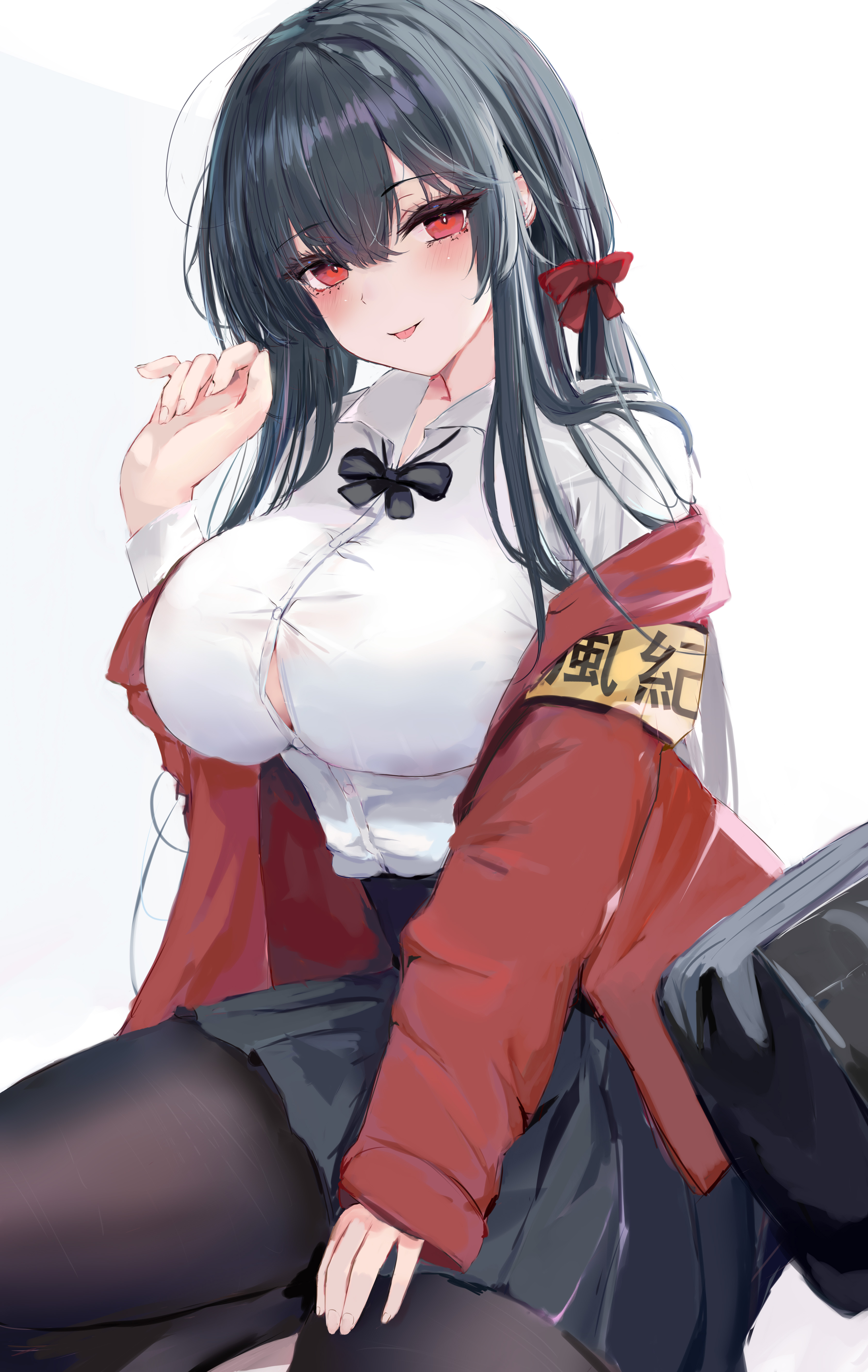 1girls, azur lane, black hair, breasts, female, huge breasts, long hair, lshiki, pantyhose, red eyes, school uniform, schoolgirl, skirt, taihou (azur lane), taihou (sweet time after school) (azur lane), thighs, tights