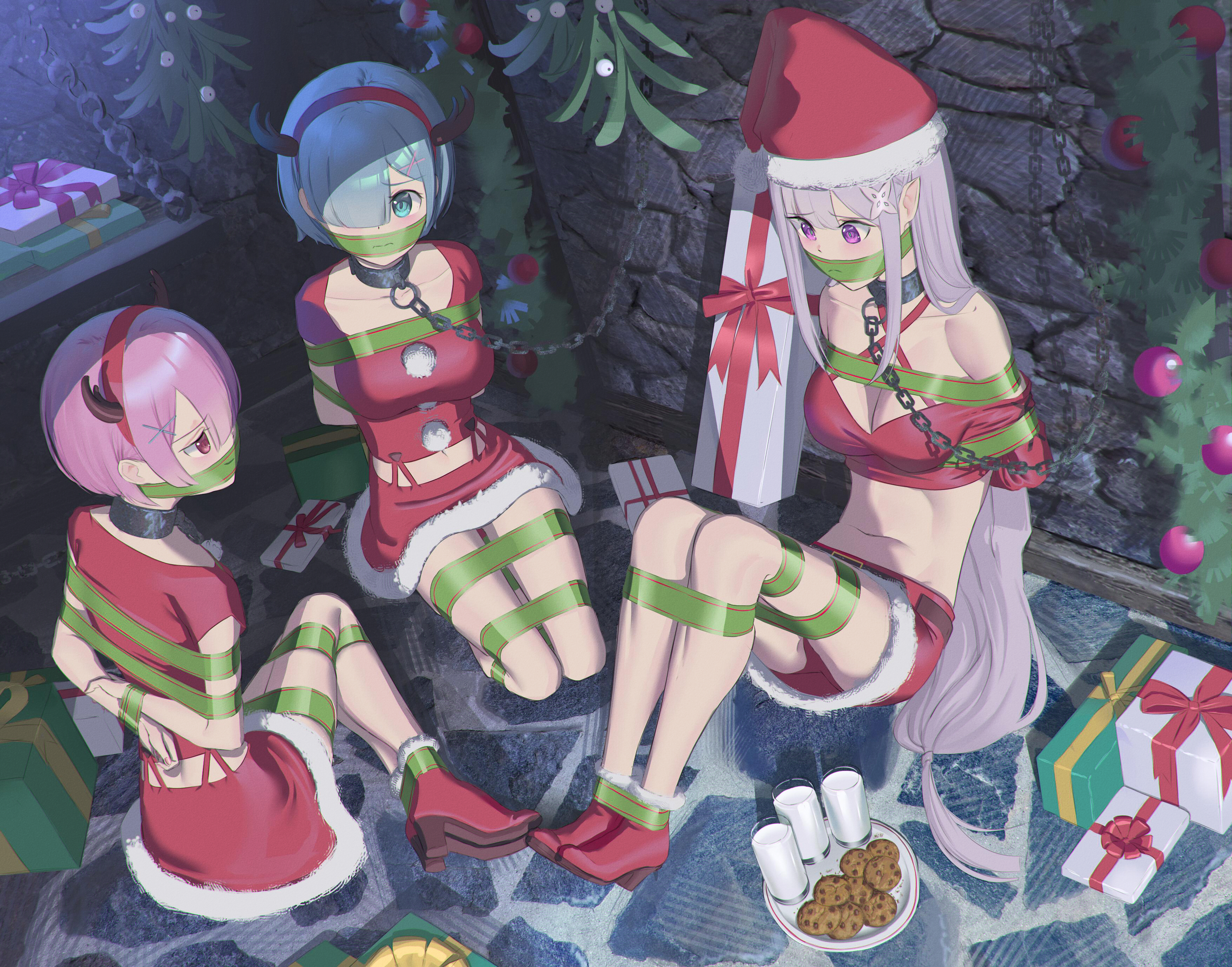 3girls, arms tied behind back, blue eyes, blue hair, bondage, bound ankles, bound legs, cailin020, chained to wall, christmas, christmas headwear, christmas outfit, emilia (re:zero), fake horns, female, female only, gag, gagged, pink eyes, pink hair, purple eyes, ram (re:zero), re:zero kara hajimeru isekai seikatsu, rem (re:zero), tape bondage, tape gag, white hair