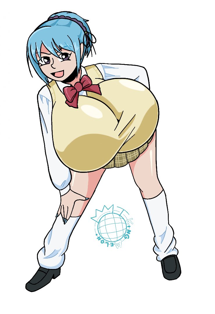 bent_over big_breasts blue_hair bowtie breasts hand_on_hip hand_on_leg huge_breasts kingmelon kurono_kurumu large_breasts leaning_forward loose_socks ponytail rosario+vampire school_uniform skirt smug succubus