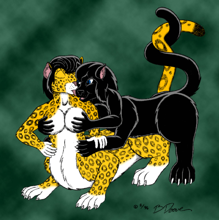 1990s 1996 20th_century artist_signature bernard_doove black_body black_fur black_hair black_nose blue_eyes breast_grab breasts chakat_(species) chakona_space closed_eyes duo entwined_tails feline forestwalker furry futanari hair hand_on_breast inner_ear_fluff licking mammal midnight_(goldfur) nude pink_nose spots spotted_body spotted_fur tail_coil taur tongue tongue_out yellow_body yellow_fur