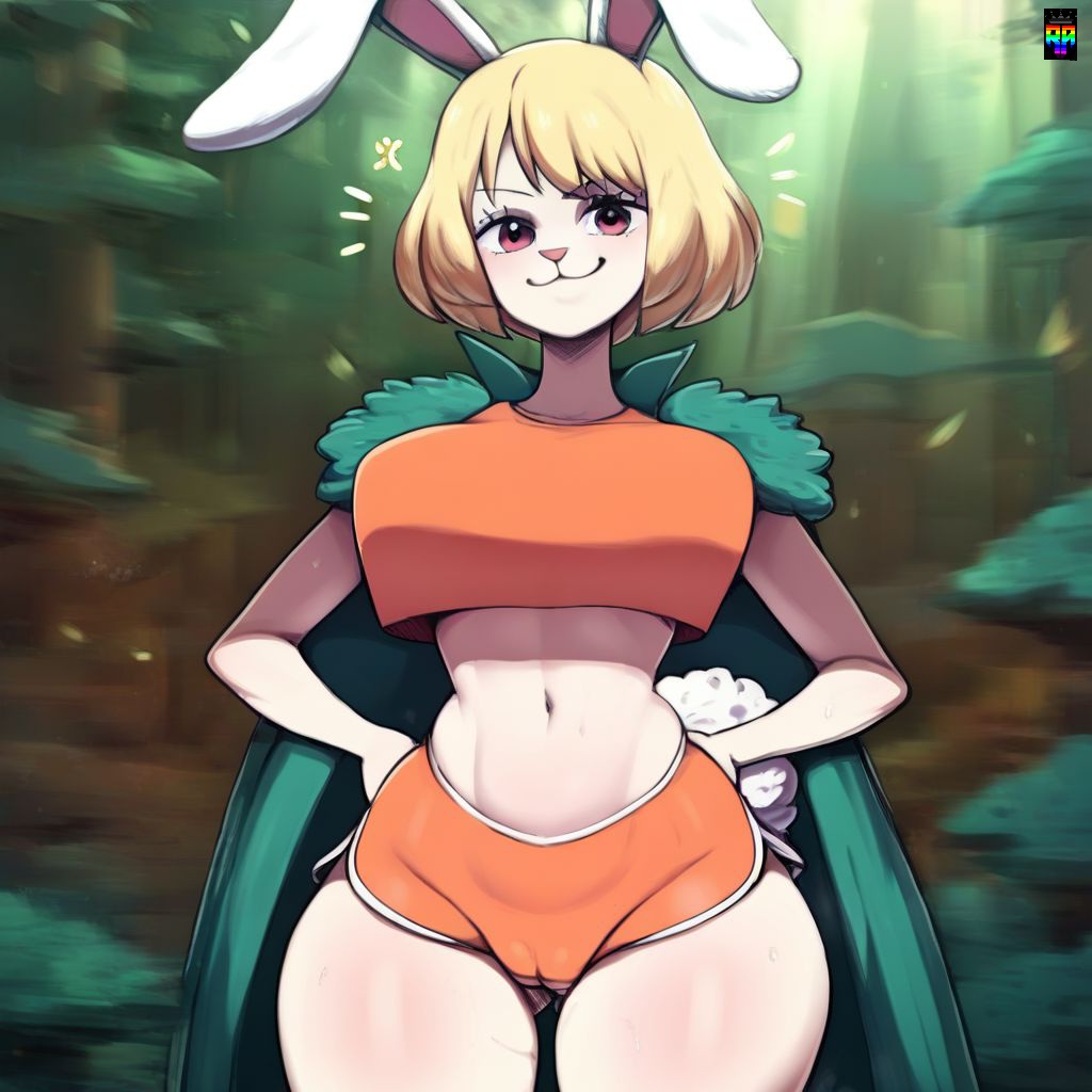 ai generated, anthro, big breasts, blonde hair, breasts, bunny girl, carrot (one piece), cute face, d-art style, female, female only, furry, one piece, orange shorts, repartz, robe, shorts, thick thighs
